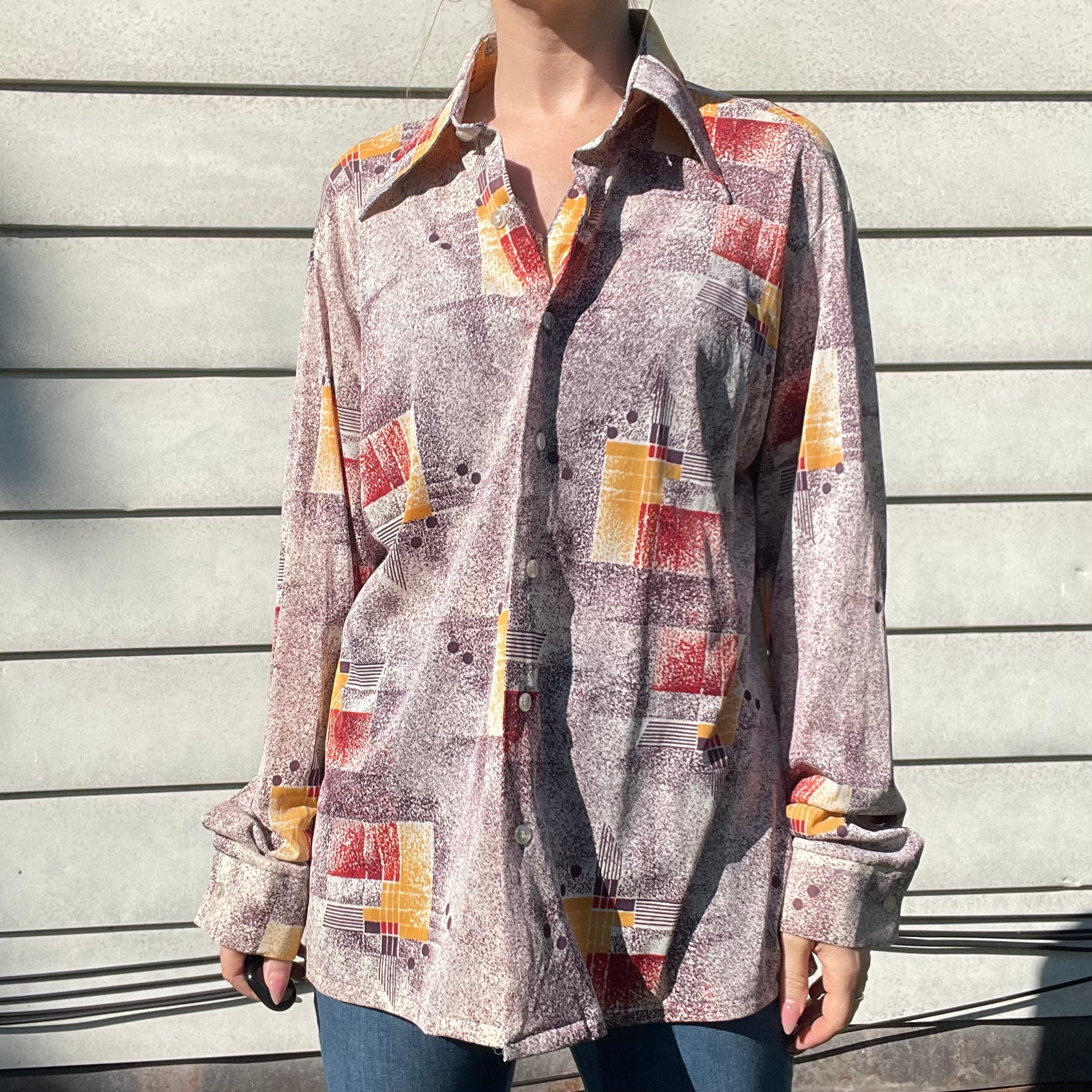 70s/80s Vintage Geometric Print Nylon Button Down Shirt By Nylon - Image 7