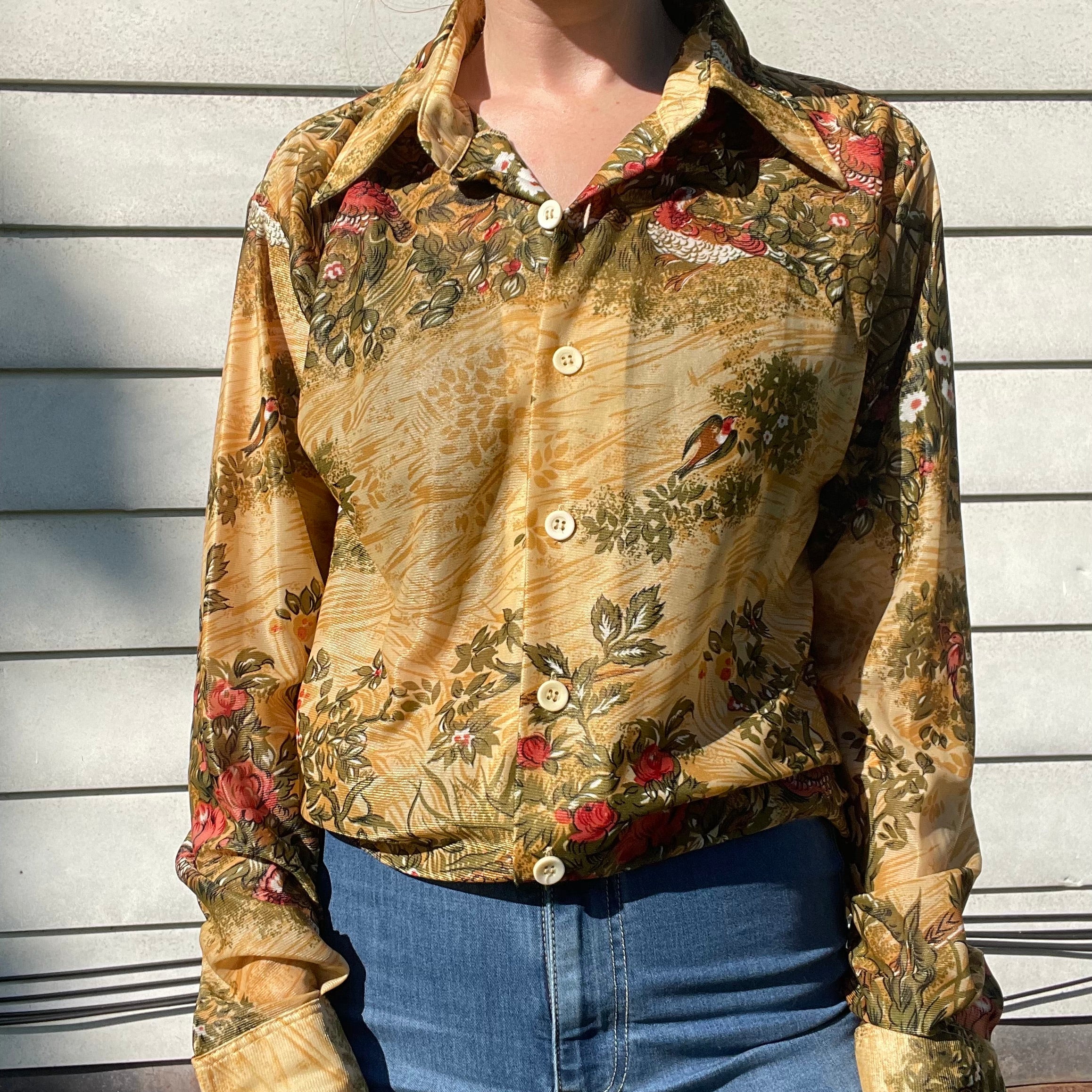 70s/80s Vintage Pheasant Print Nylon Button Down Shirt By Campus Knits - Image 10