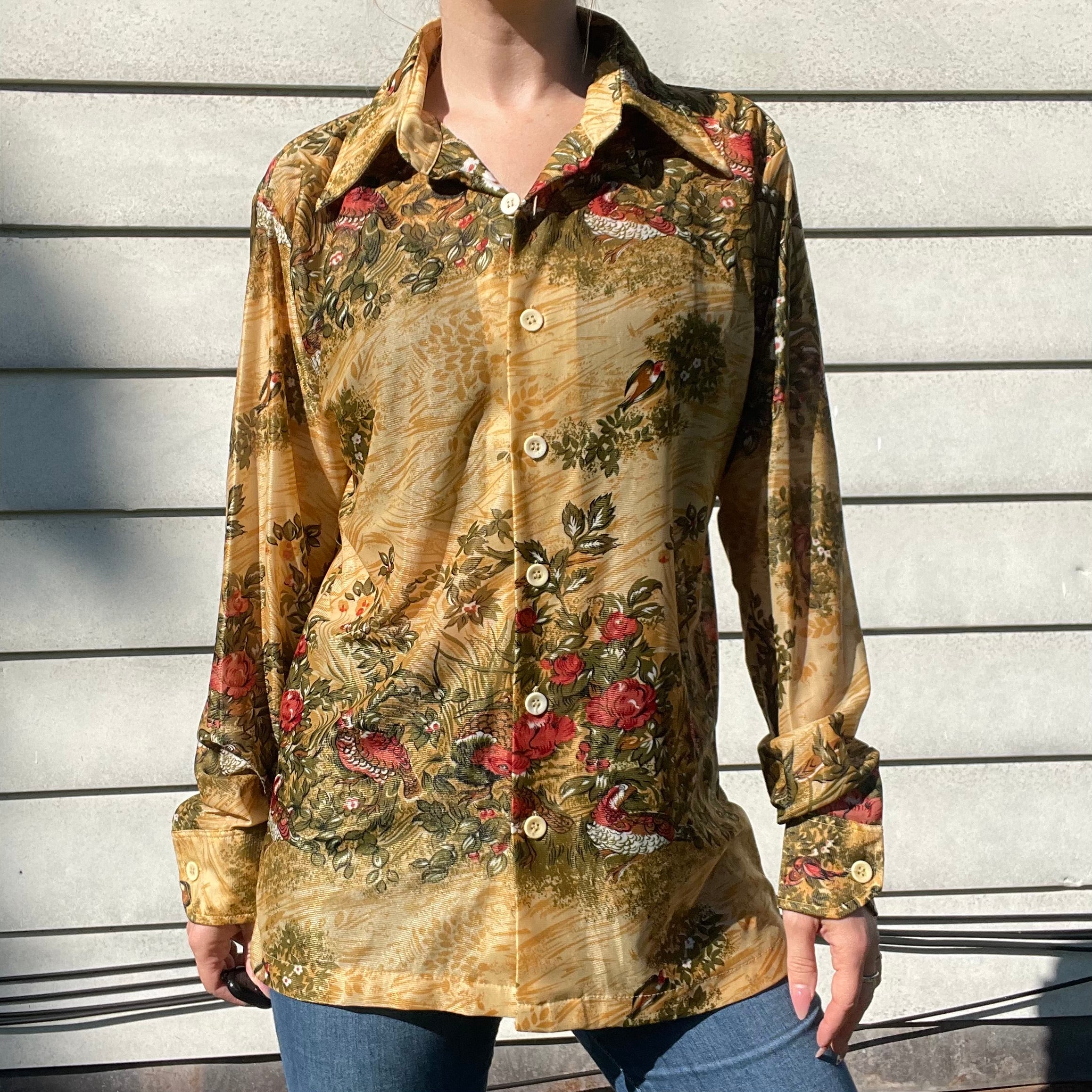 70s/80s Vintage Pheasant Print Nylon Button Down Shirt By Campus Knits - Image 3
