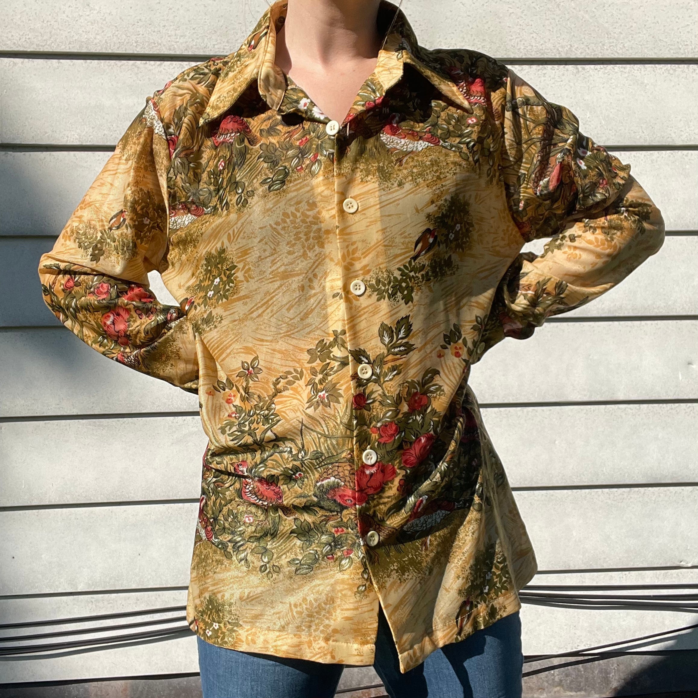 70s/80s Vintage Pheasant Print Nylon Button Down Shirt By Campus Knits - Image 4