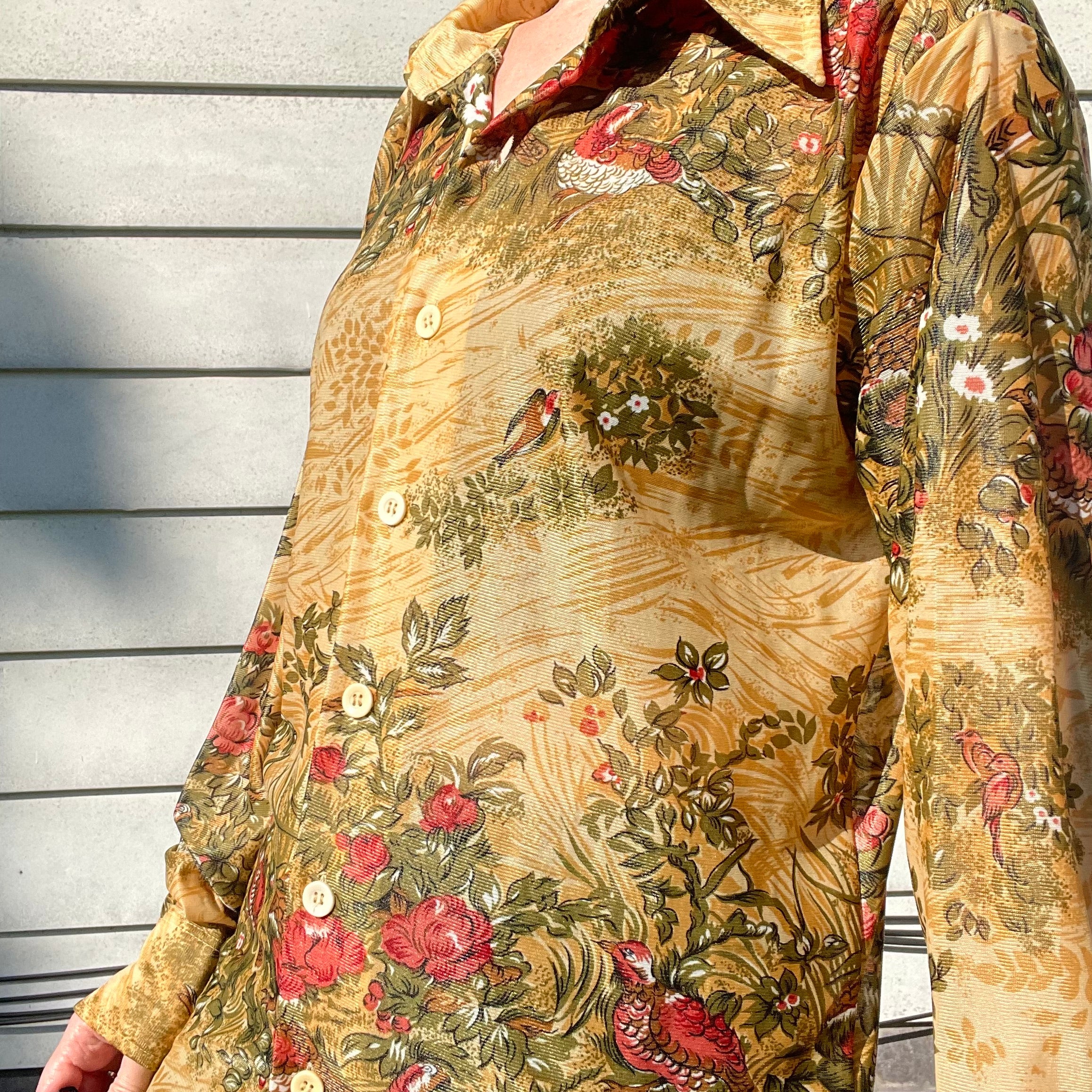 70s/80s Vintage Pheasant Print Nylon Button Down Shirt By Campus Knits - Image 7