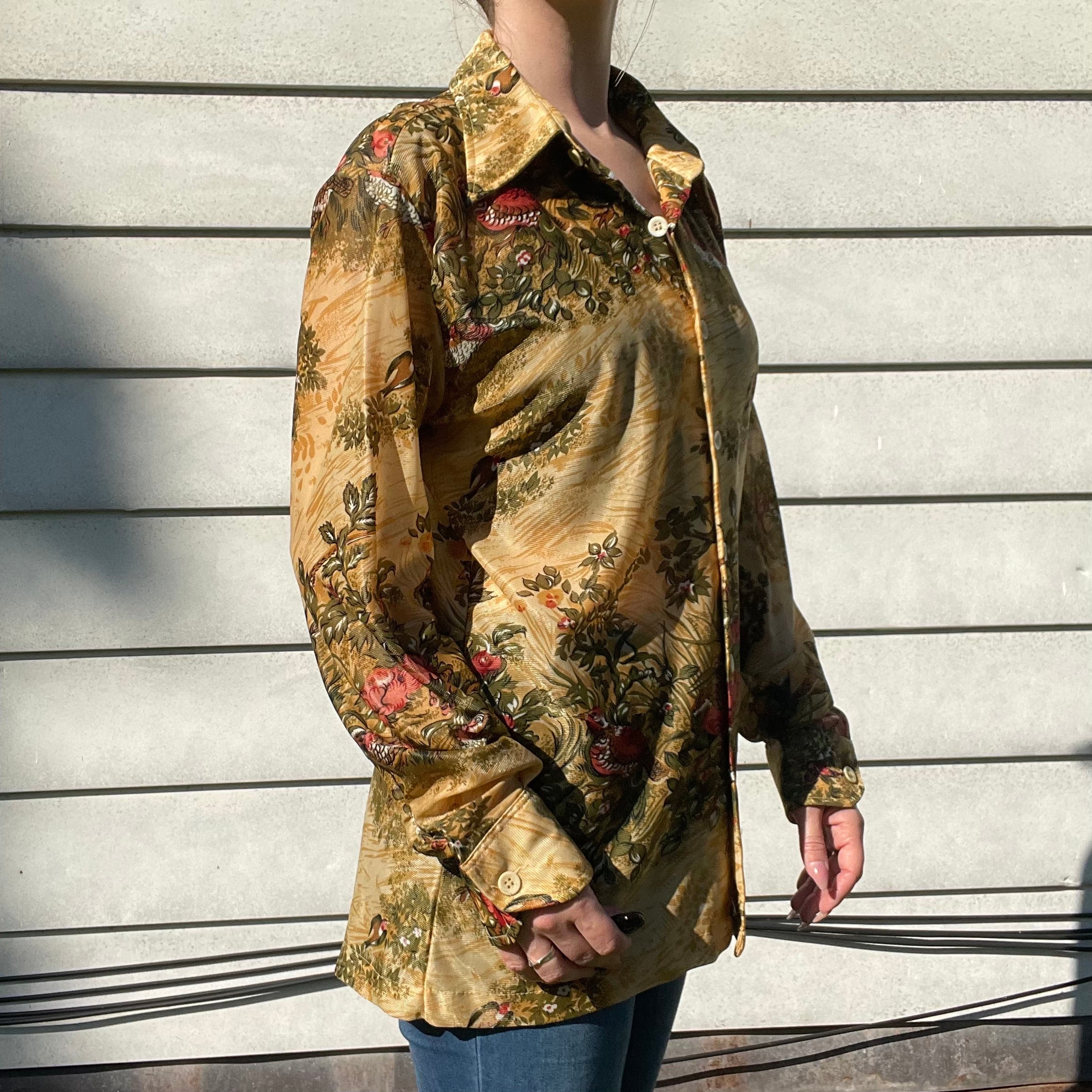 70s/80s Vintage Pheasant Print Nylon Button Down Shirt By Campus Knits - Image 9