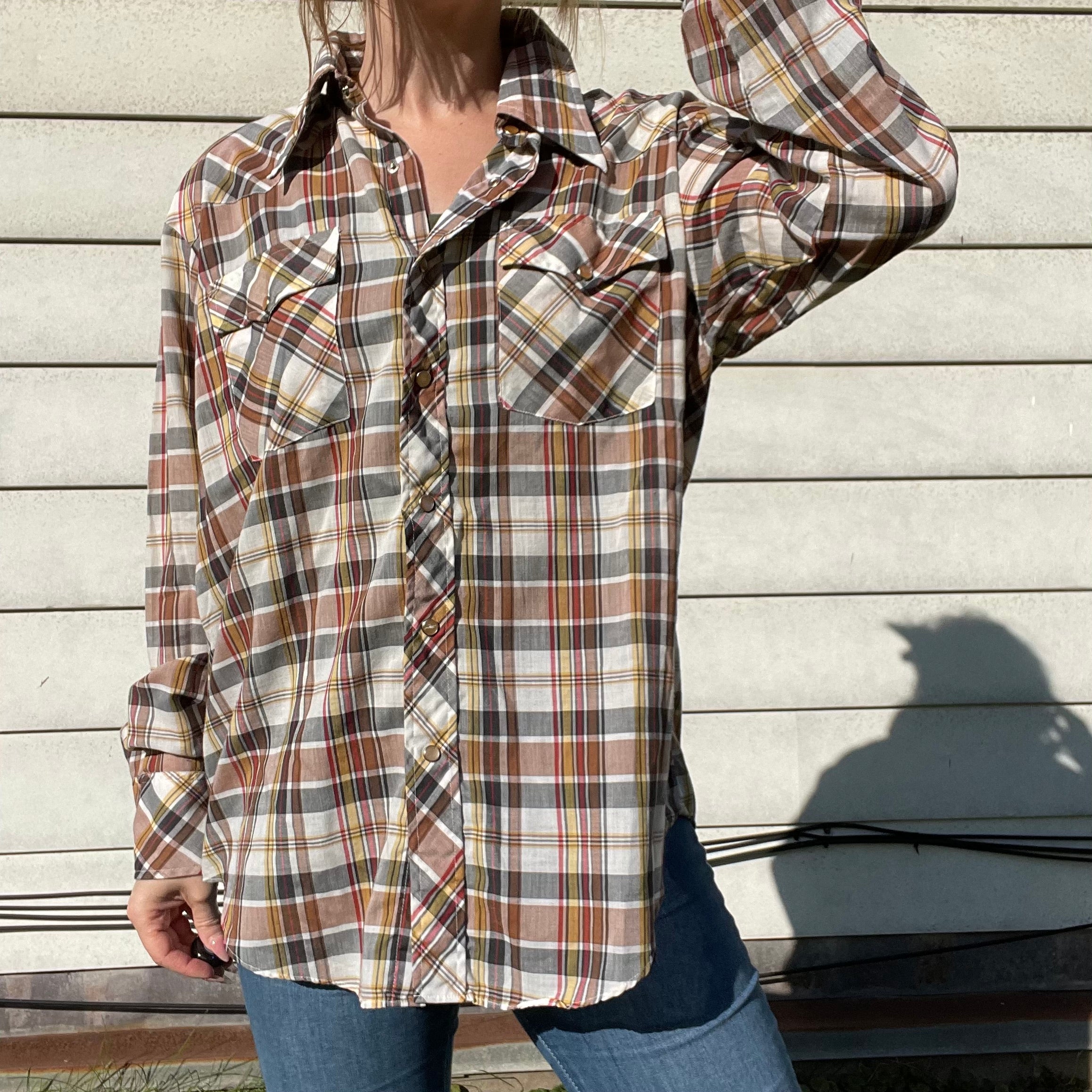 70s/80s Vintage Plaid Collared Shirt | Snap Front By Christopher Rand - Image 3