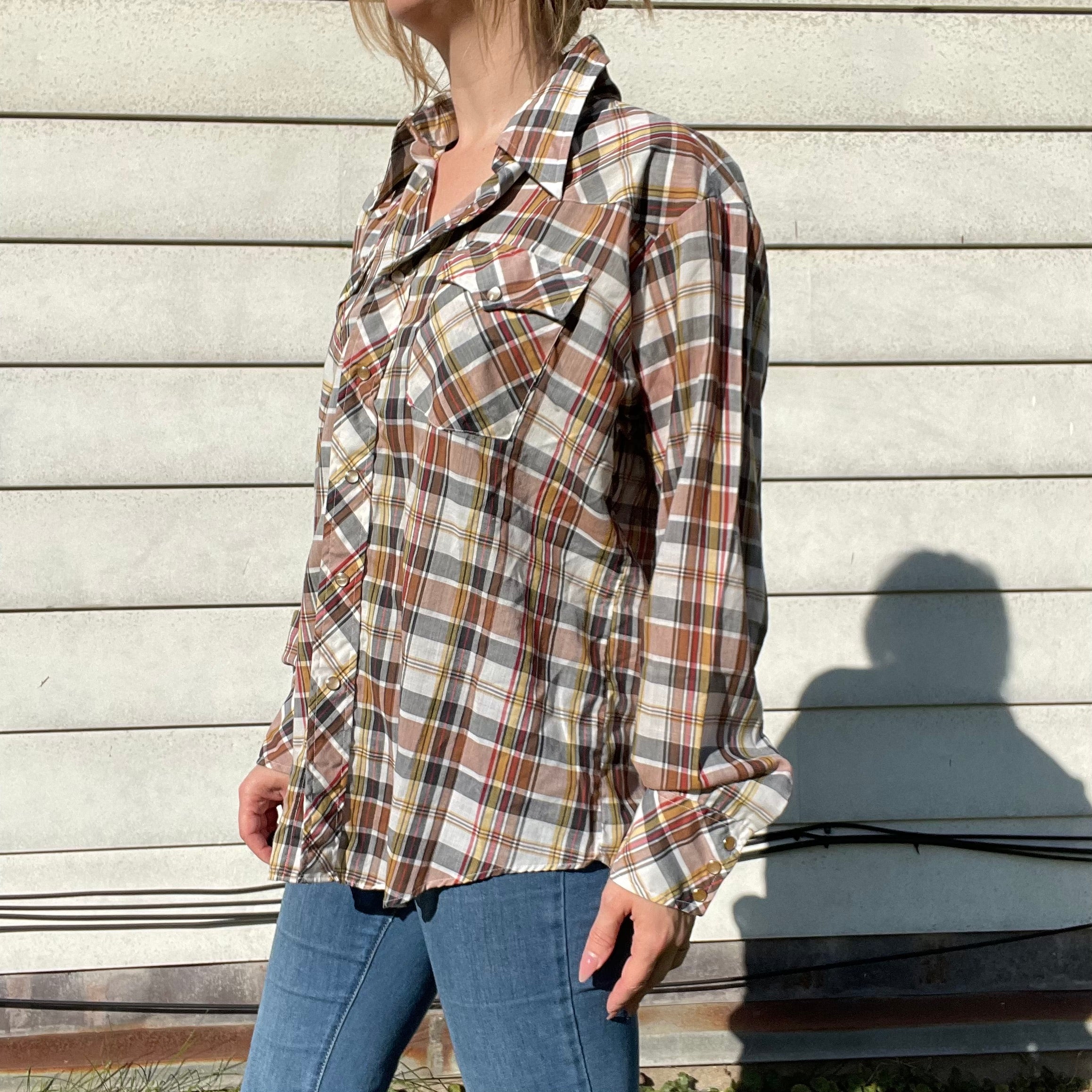 70s/80s Vintage Plaid Collared Shirt | Snap Front By Christopher Rand - Image 4