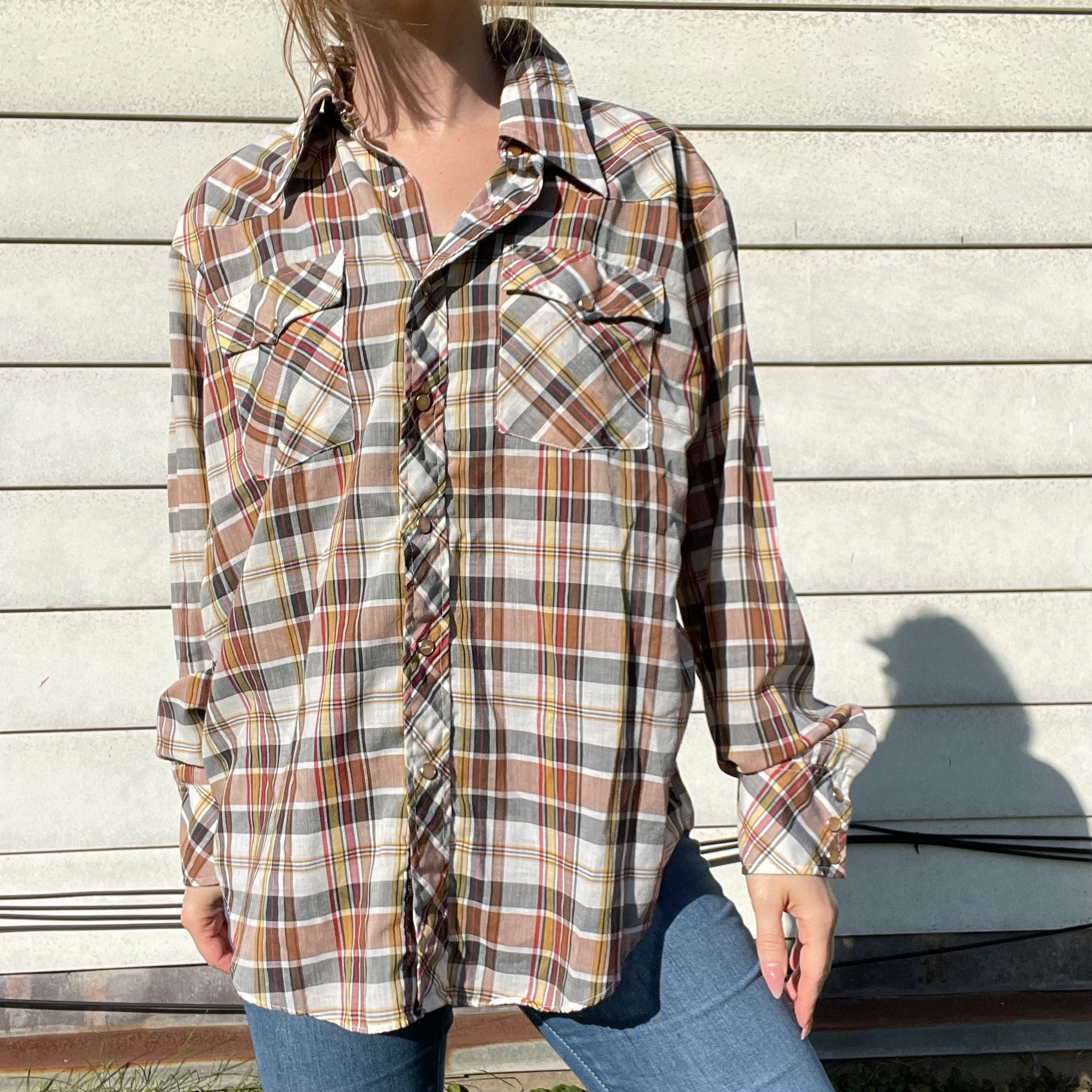 70s/80s Vintage Plaid Collared Shirt | Snap Front By Christopher Rand - Image 5