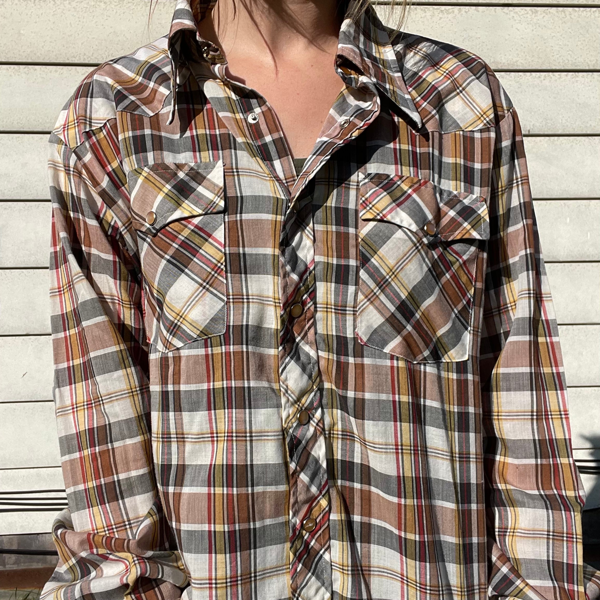70s/80s Vintage Plaid Collared Shirt | Snap Front By Christopher Rand - Image 9