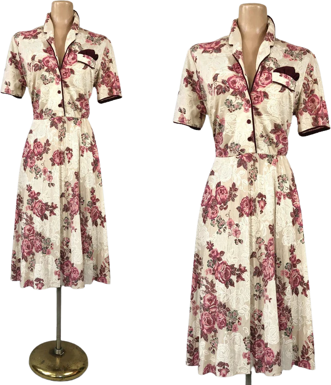70s/80s Vintage Pleated Full Sweep Shirt Waist Dress Sz 13