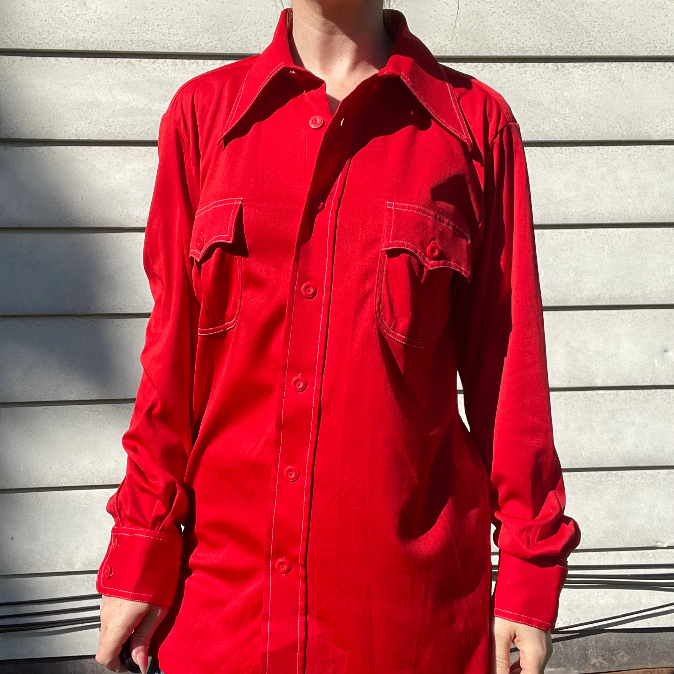 70s/80s Vintage Red Collared Button Down Shirt | Pockets By By Martini - Image 3