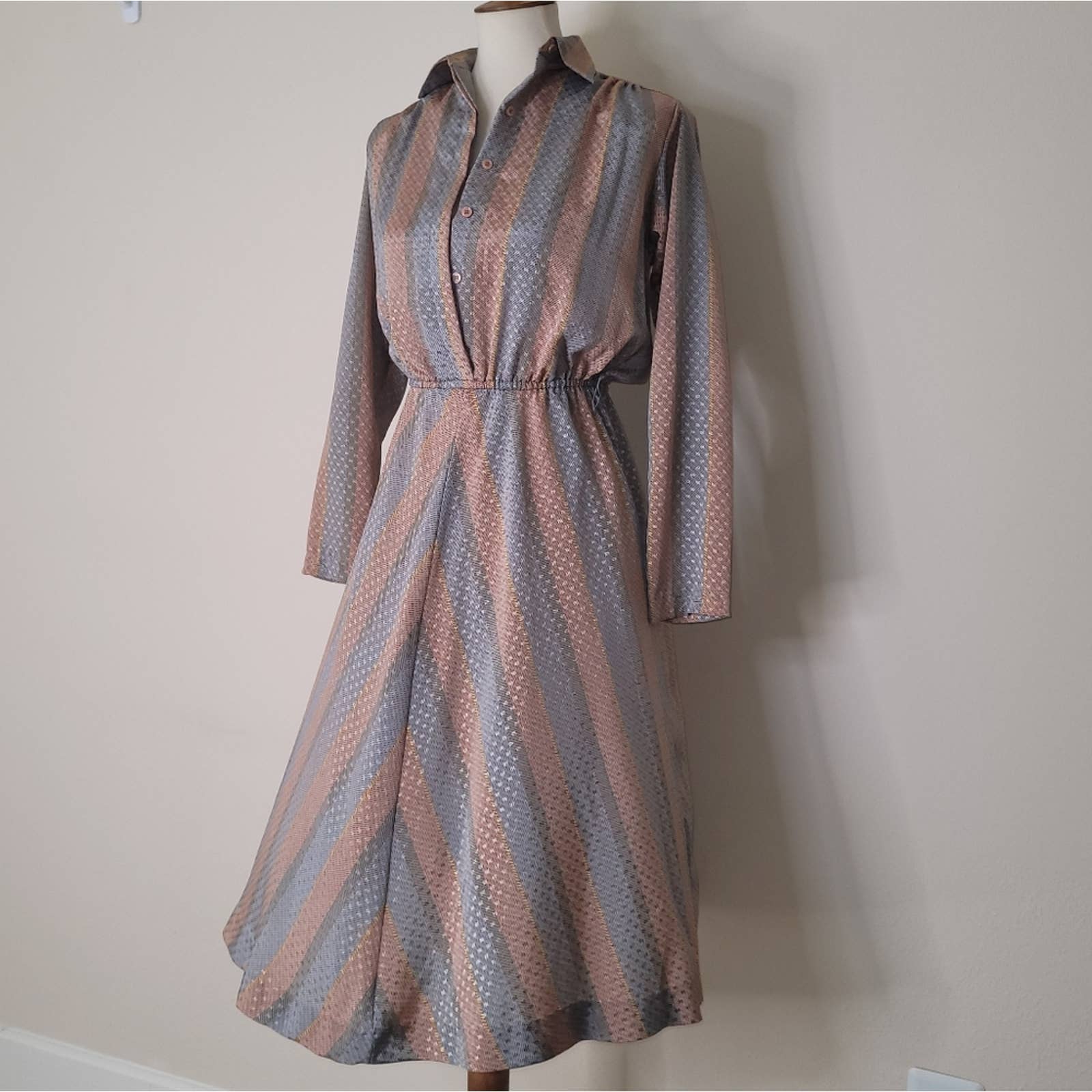 70s 80s Vtg Pink Blue Gold Multicolor Abstract Print Collared Dress Sz Small by Jennifer - Image 9