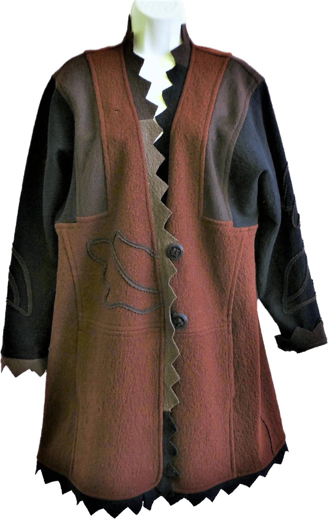70s/80s Wool Artsy Overcoat 2 Button Embroidered Abstract By Jackie Chalkley