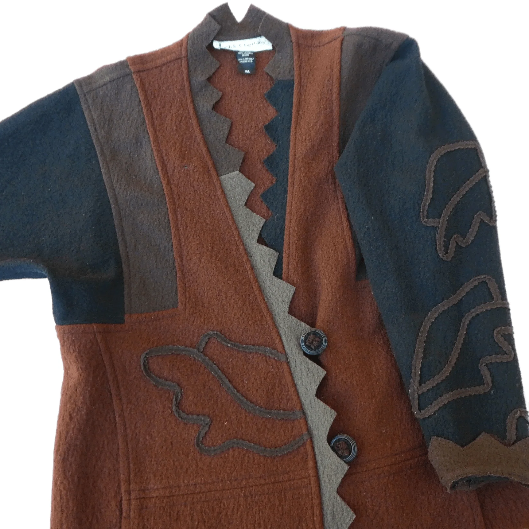 70s/80s Wool Artsy Overcoat 2 Button Embroidered Abstract By Jackie Chalkley - Image 3