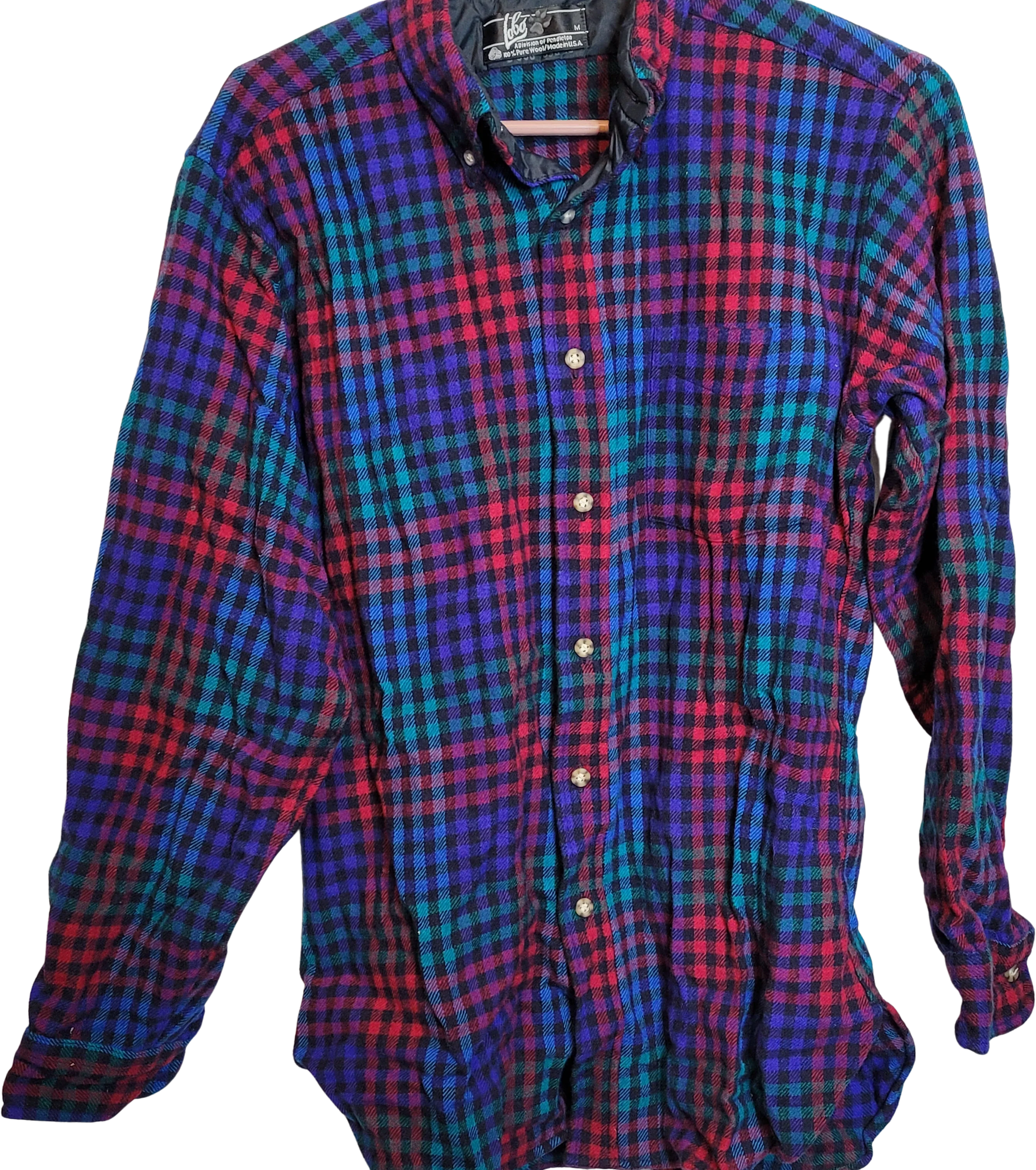 70s/80s Wool Rainbow Black Check Med Button Front Shirt By Lobo by Pendleton