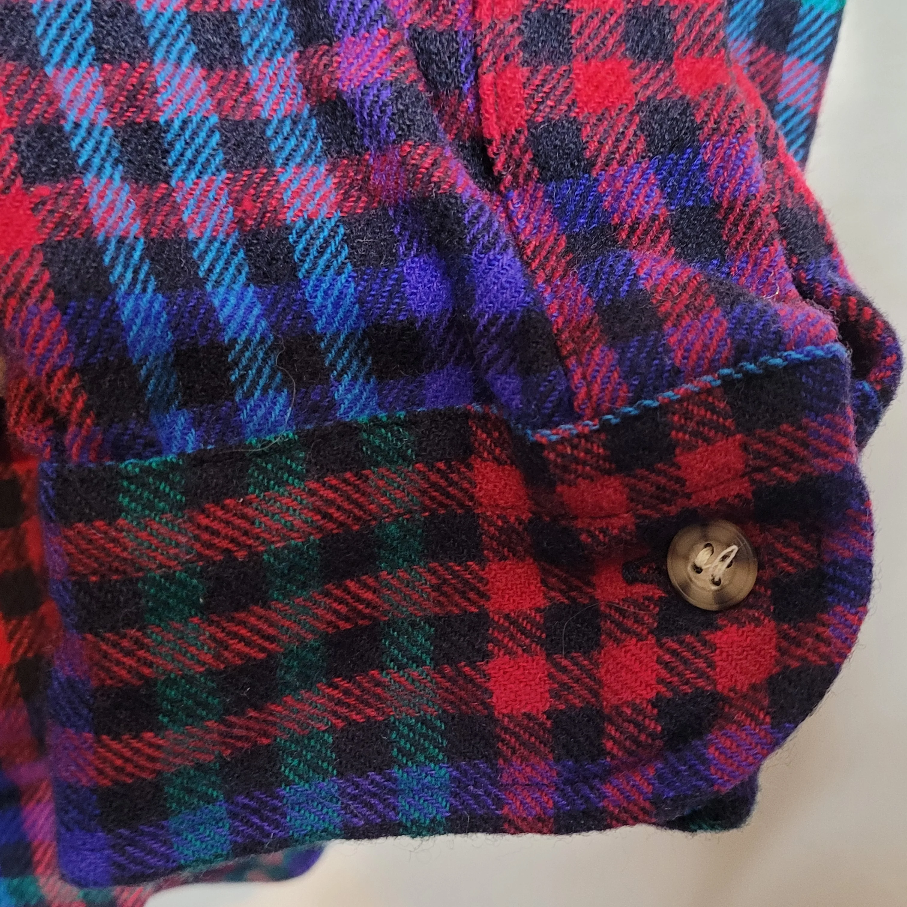 70s/80s Wool Rainbow Black Check Med Button Front Shirt By Lobo by Pendleton - Image 7