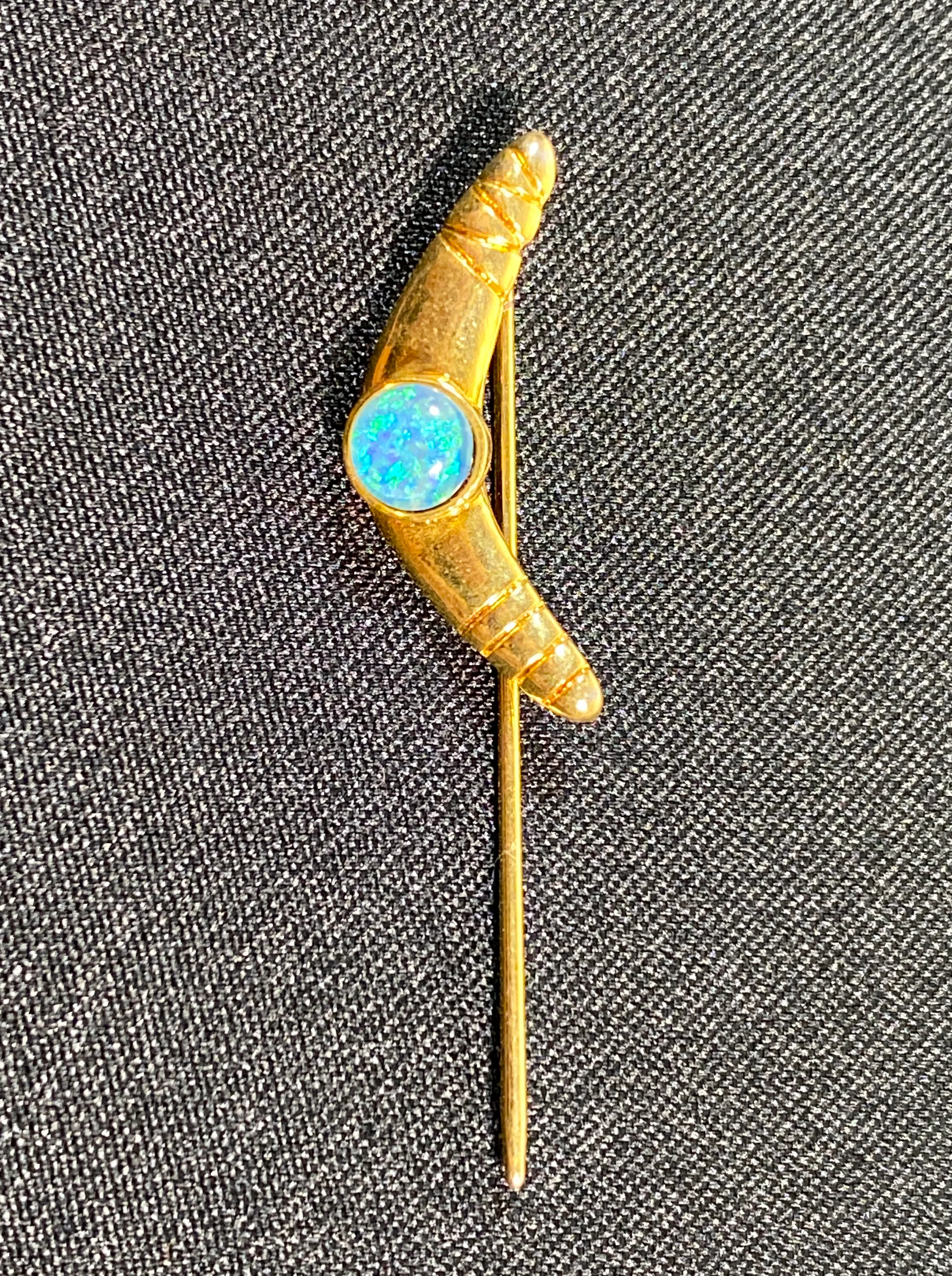 70s/80s Yellow Gold Color Boomerang And Opal Gem Stick Pin - Image 3