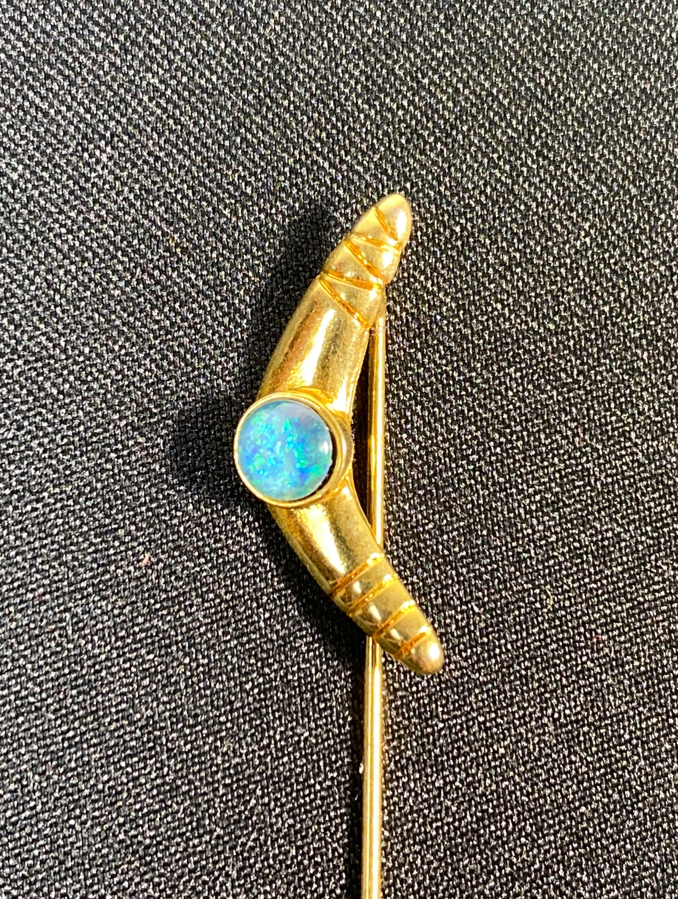 70s/80s Yellow Gold Color Boomerang And Opal Gem Stick Pin - Image 4