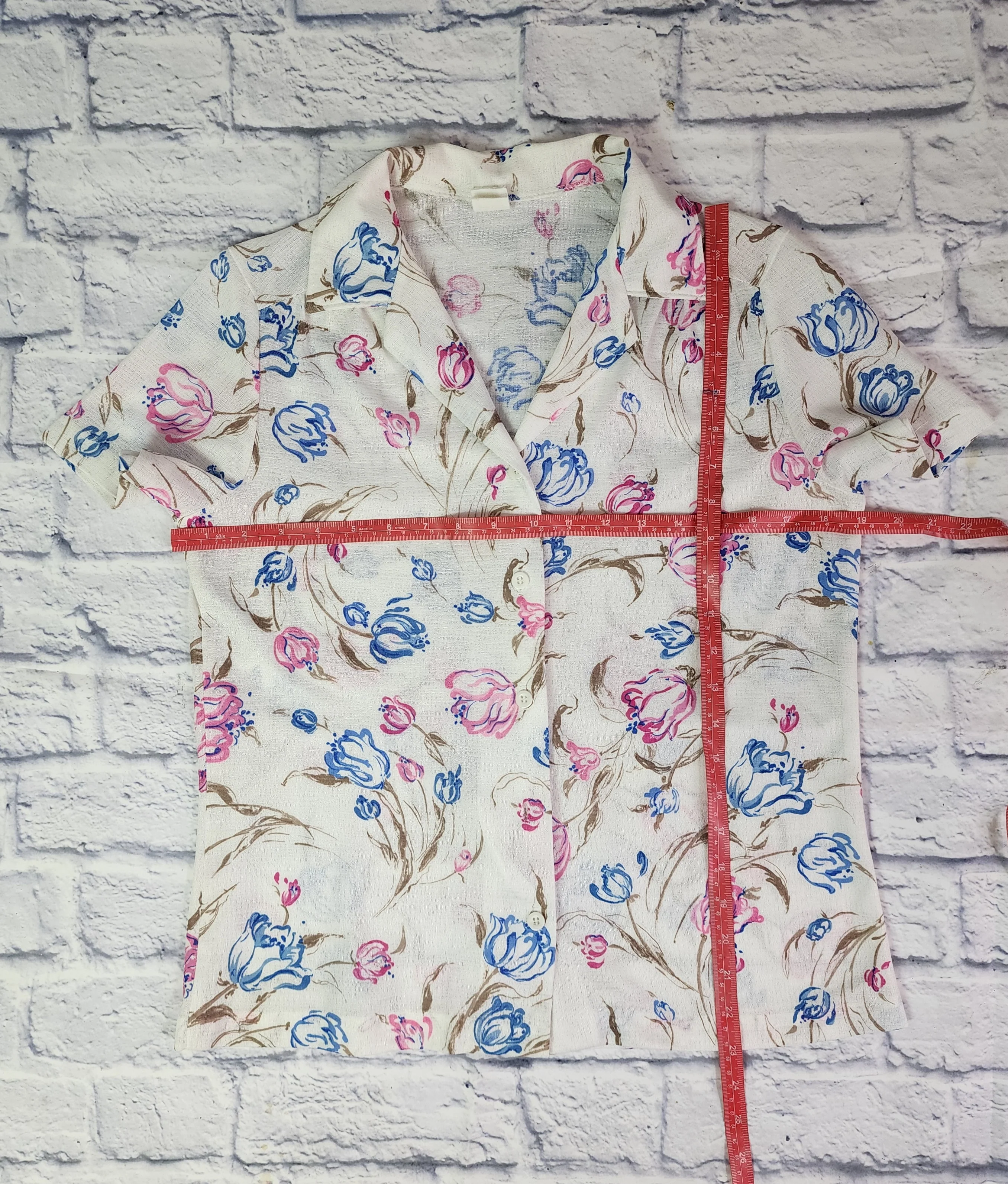 70s Abstract Tulip Print Button Up Shirt Pink Blue - Image 4