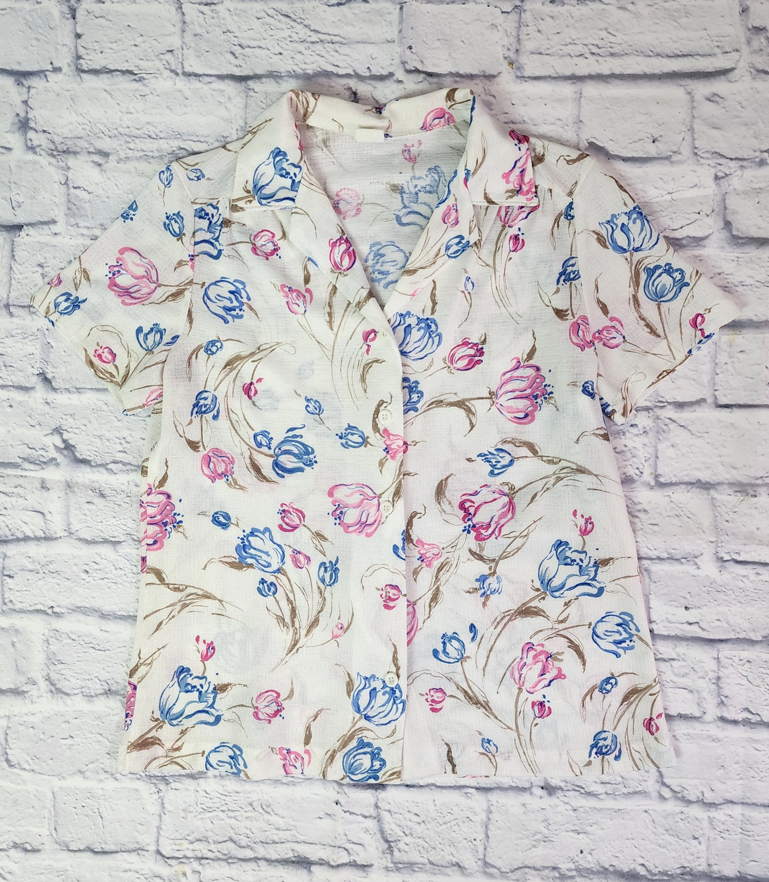 70s Abstract Tulip Print Button Up Shirt Pink Blue - Image 7