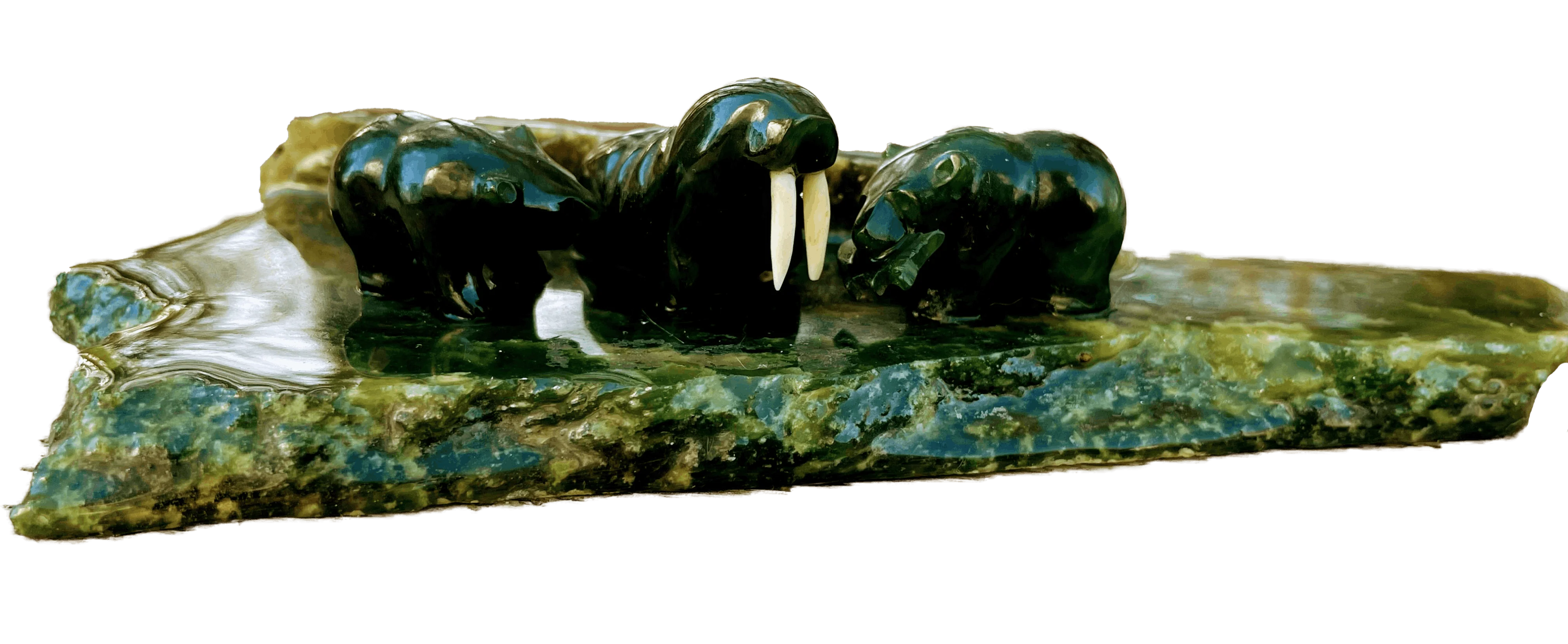 70s Alaskan Jade Sculpture Bears Walrus Artist Signed