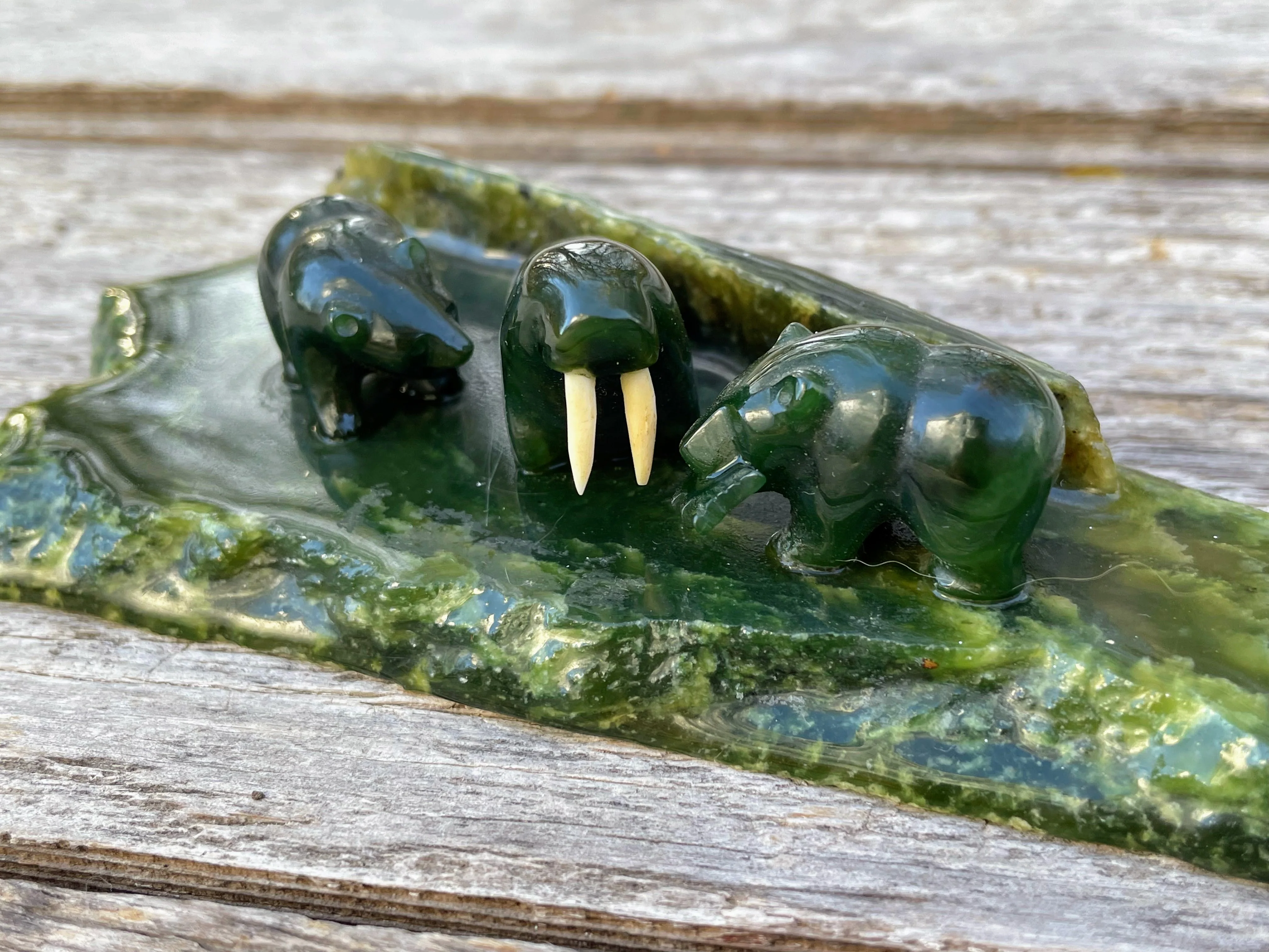 70s Alaskan Jade Sculpture Bears Walrus Artist Signed - Image 3