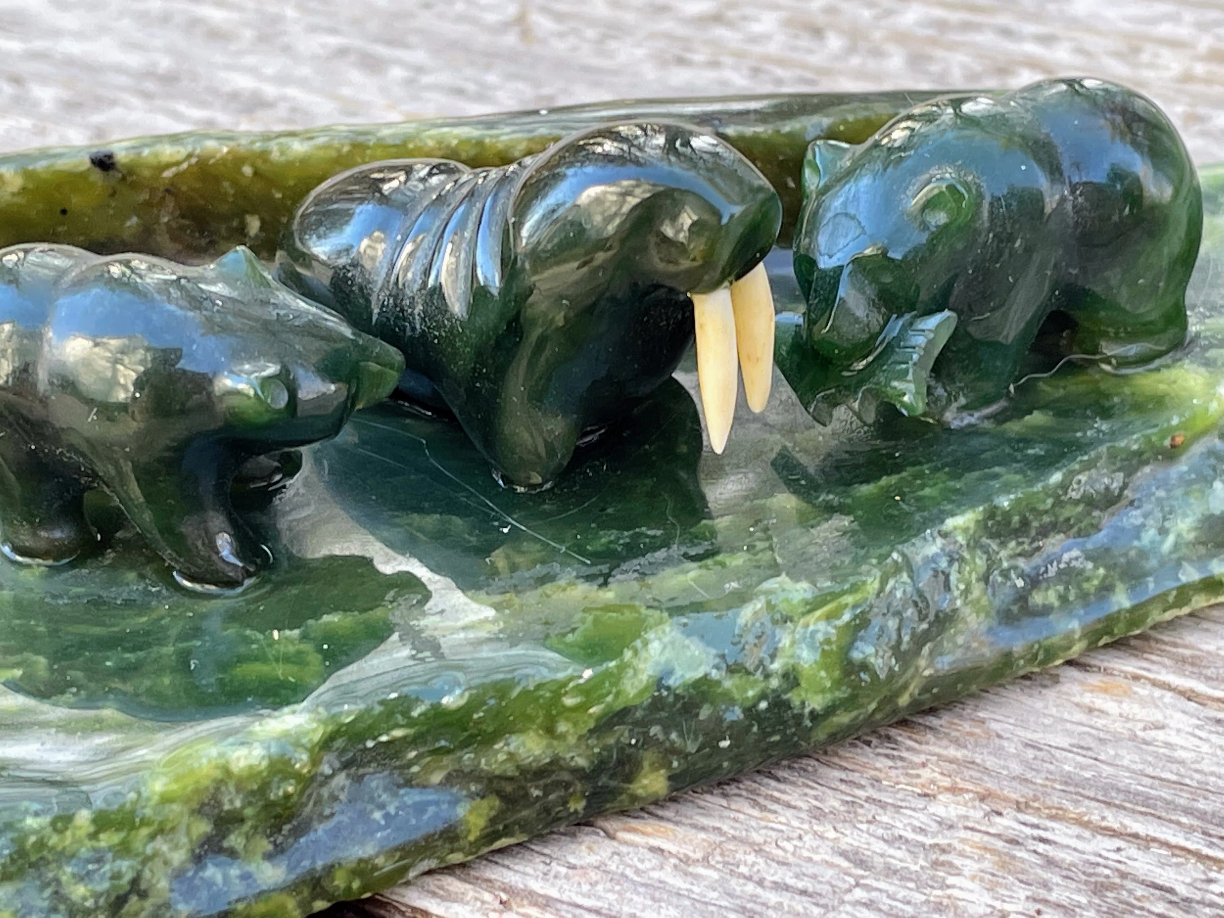 70s Alaskan Jade Sculpture Bears Walrus Artist Signed - Image 6