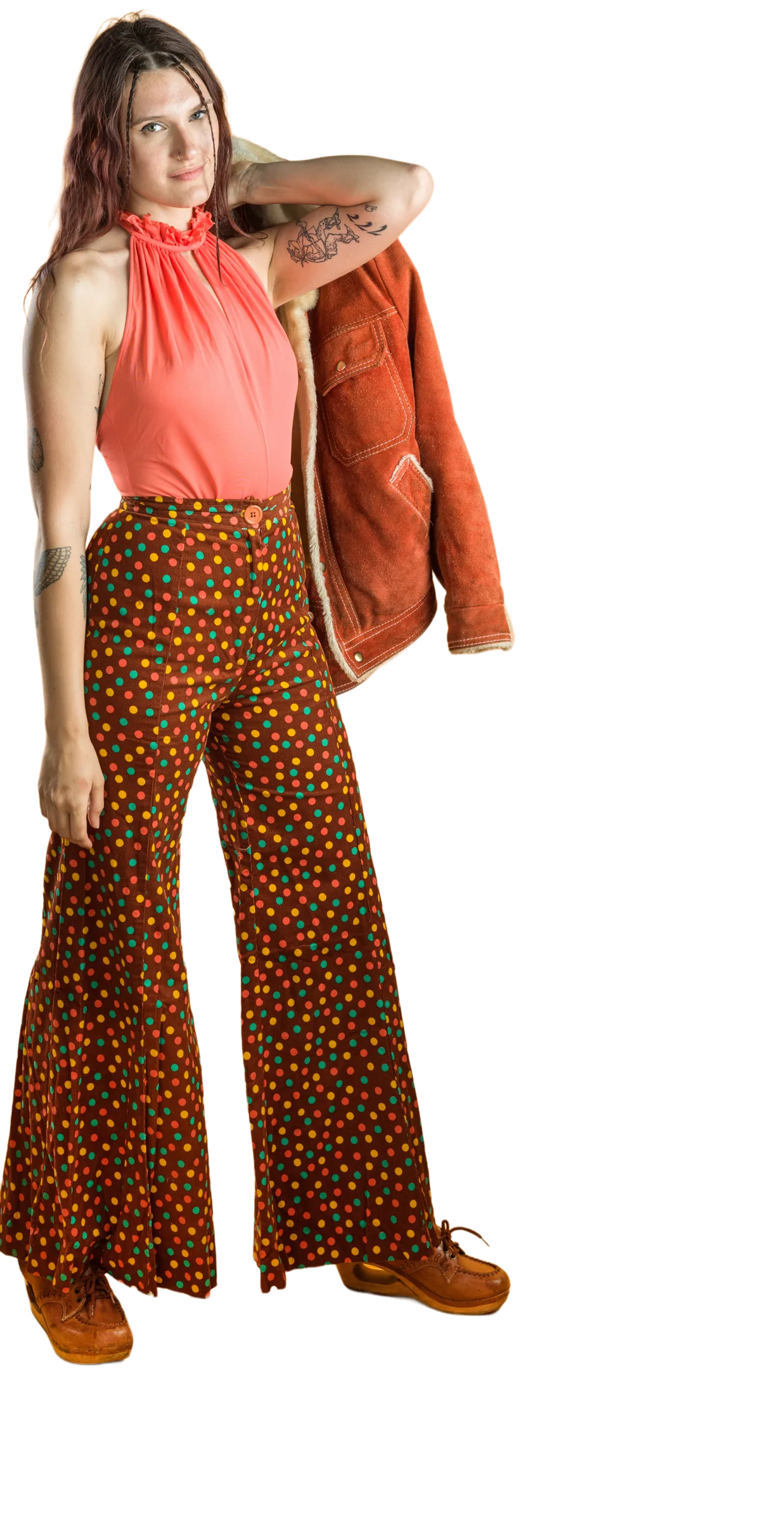 70s Alley Cat Confetti Polka Dot Corduroy Bell Bottoms By Betsey Johnson - Image 3