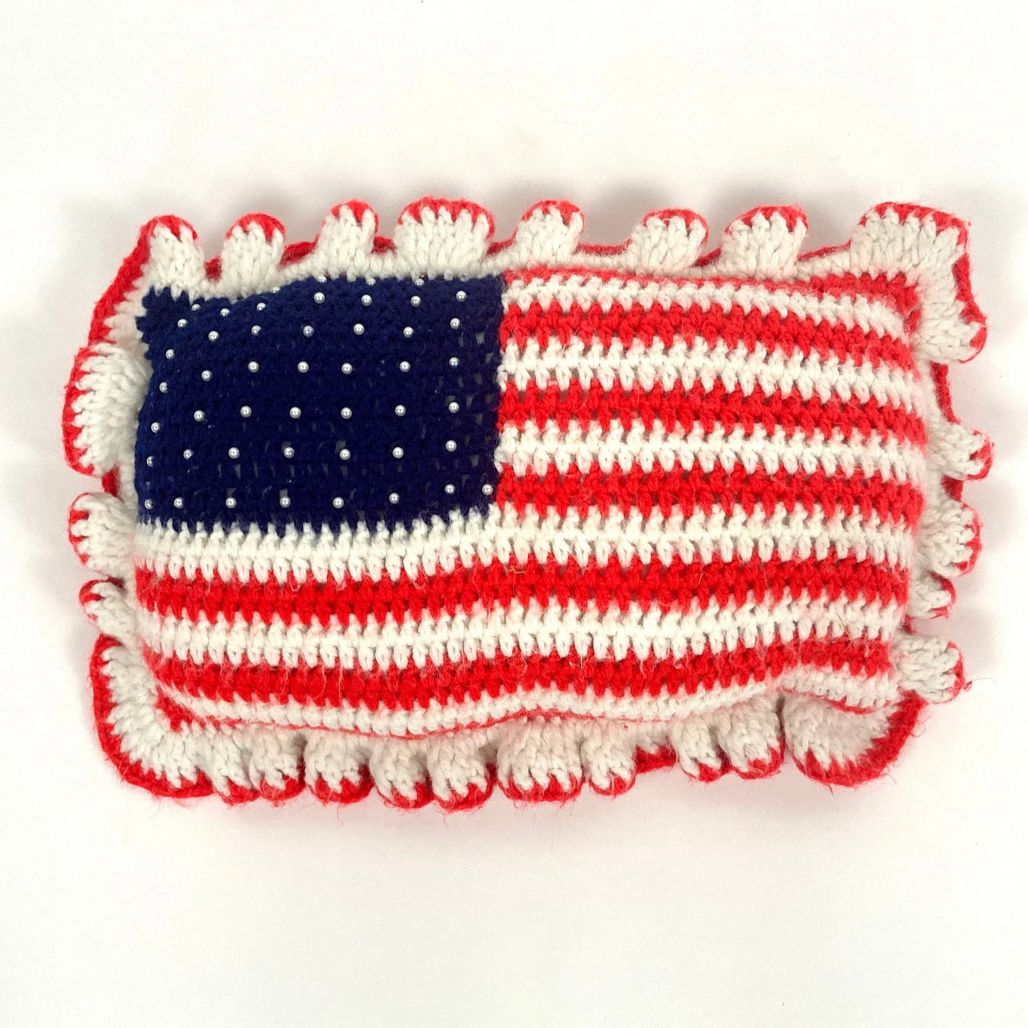70s American Flag Crochet Knit Pillow Americana Red White Blue Throw Patriotic Vintage Handmade Festival Kitschy Ruffle Pearl Pillow - Image 4