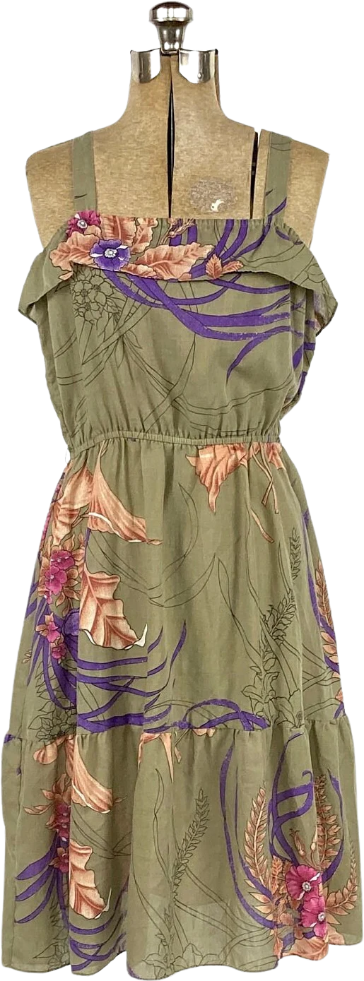70s Army Green Tropical Floral Sundress Ruffle Square Neck Elastic Waist Party Midi Dress Vintage Jungle Sundress