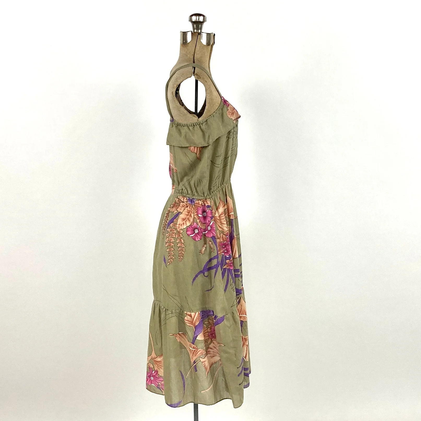70s Army Green Tropical Floral Sundress Ruffle Square Neck Elastic Waist Party Midi Dress Vintage Jungle Sundress - Image 2