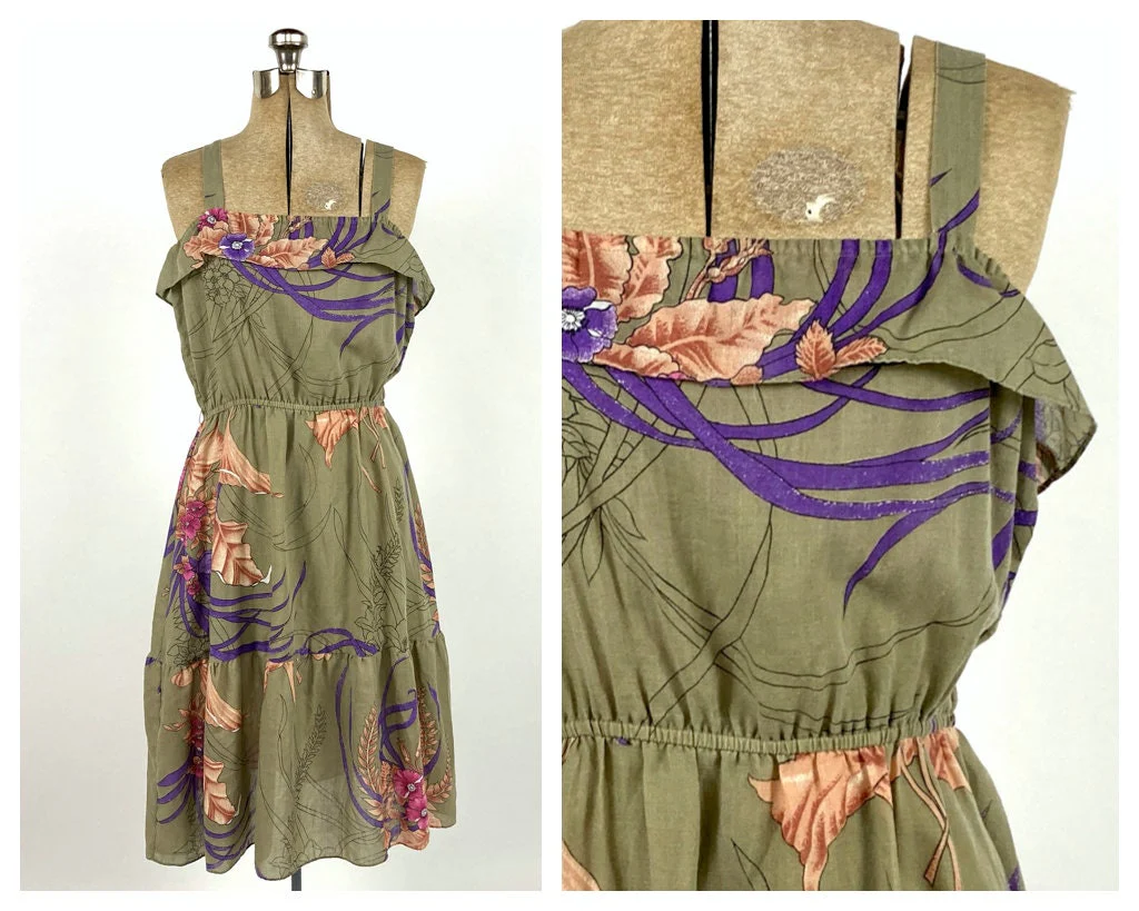70s Army Green Tropical Floral Sundress Ruffle Square Neck Elastic Waist Party Midi Dress Vintage Jungle Sundress - Image 3