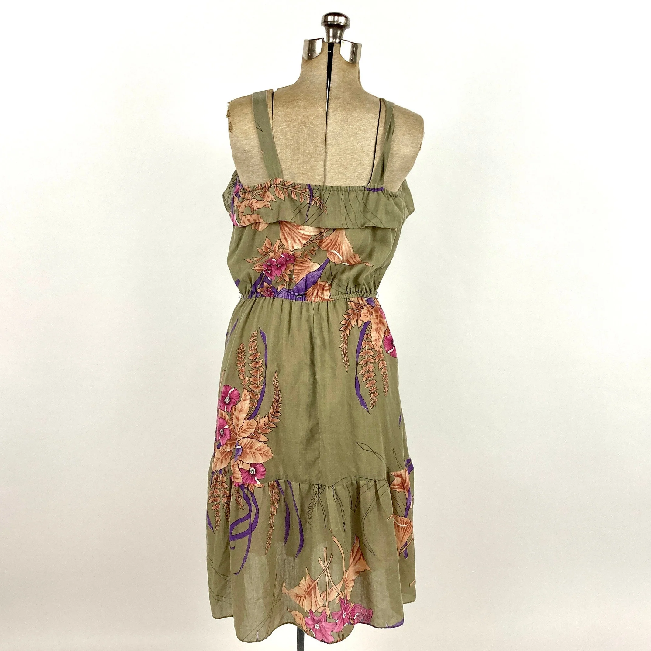 70s Army Green Tropical Floral Sundress Ruffle Square Neck Elastic Waist Party Midi Dress Vintage Jungle Sundress - Image 4