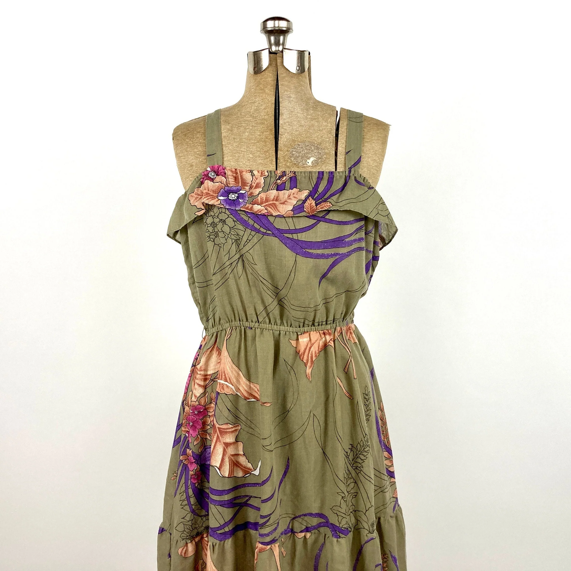 70s Army Green Tropical Floral Sundress Ruffle Square Neck Elastic Waist Party Midi Dress Vintage Jungle Sundress - Image 5