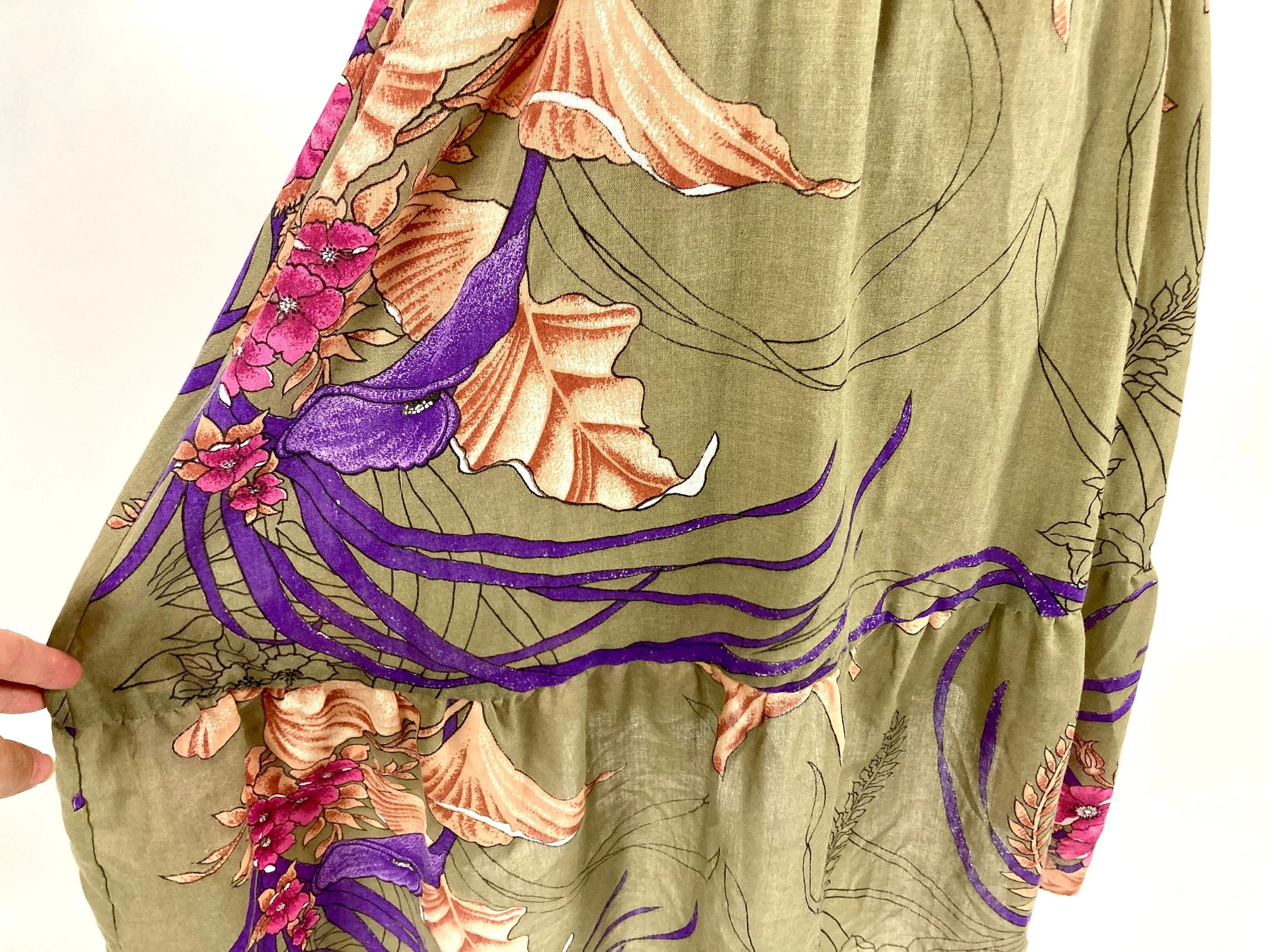 70s Army Green Tropical Floral Sundress Ruffle Square Neck Elastic Waist Party Midi Dress Vintage Jungle Sundress - Image 6