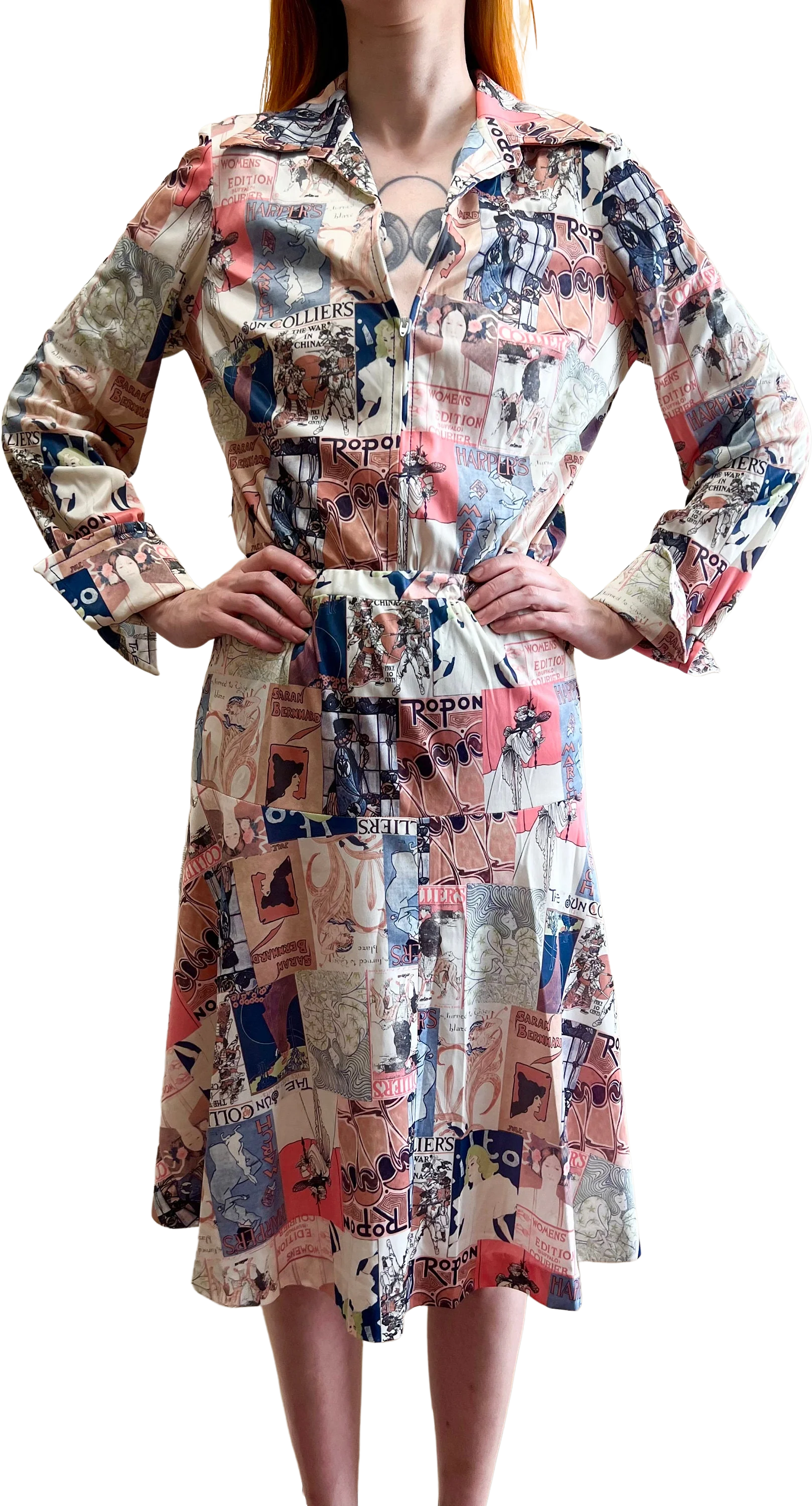 70s Art Deco Newspaper Magazine Novelty Print Two Piece Skirt Set Jeanne Durrell