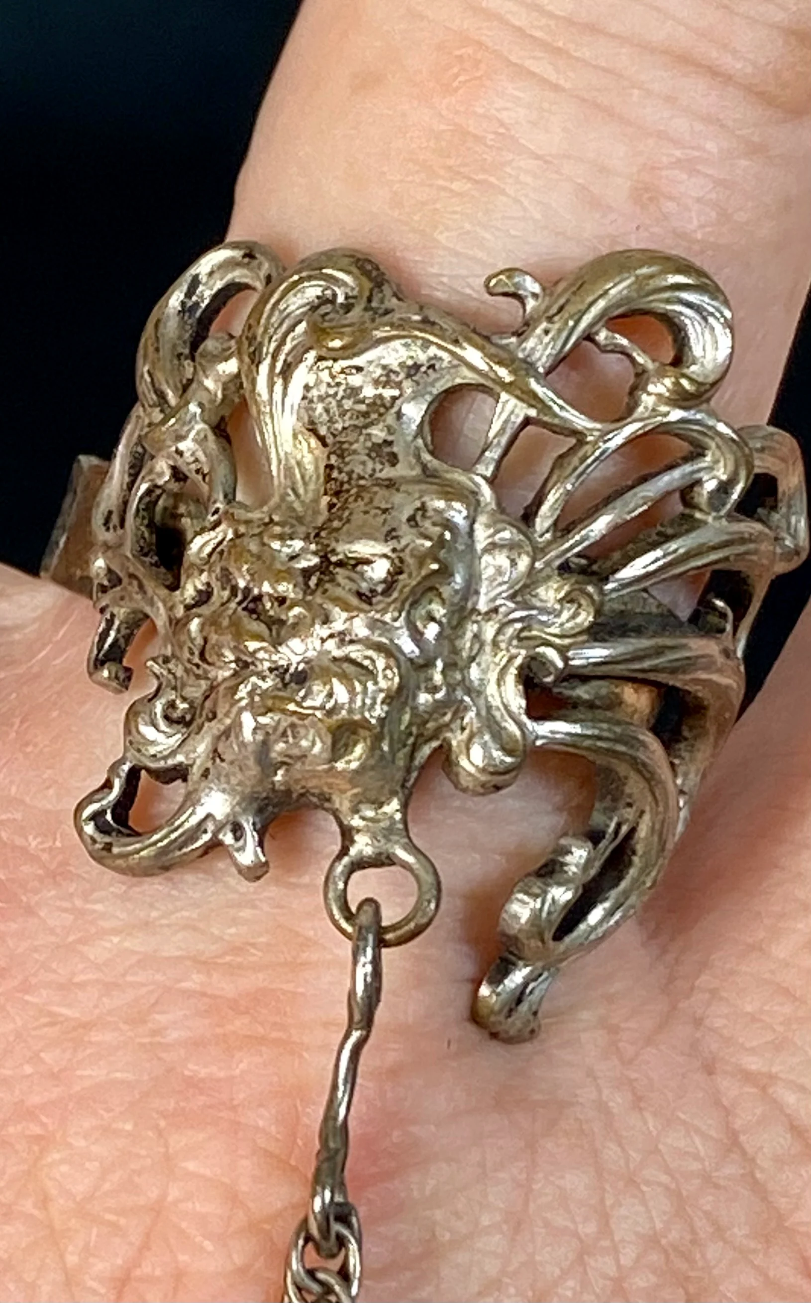 70s Art Nouveau Revival Bracelet And Attached Ring Set - Image 5