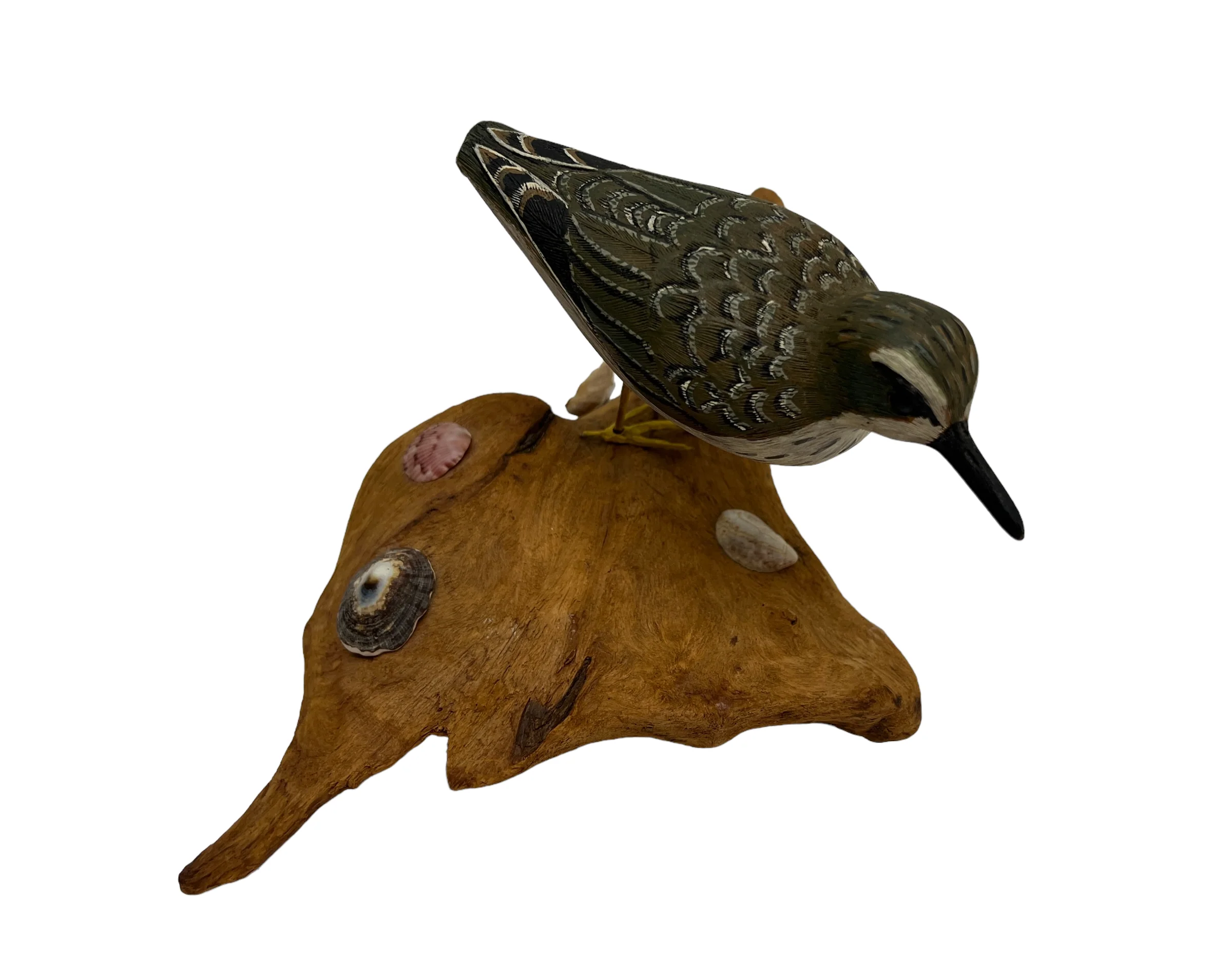 70s Artisan Shore Bird Wood Carved Figure On Driftwood - Image 10