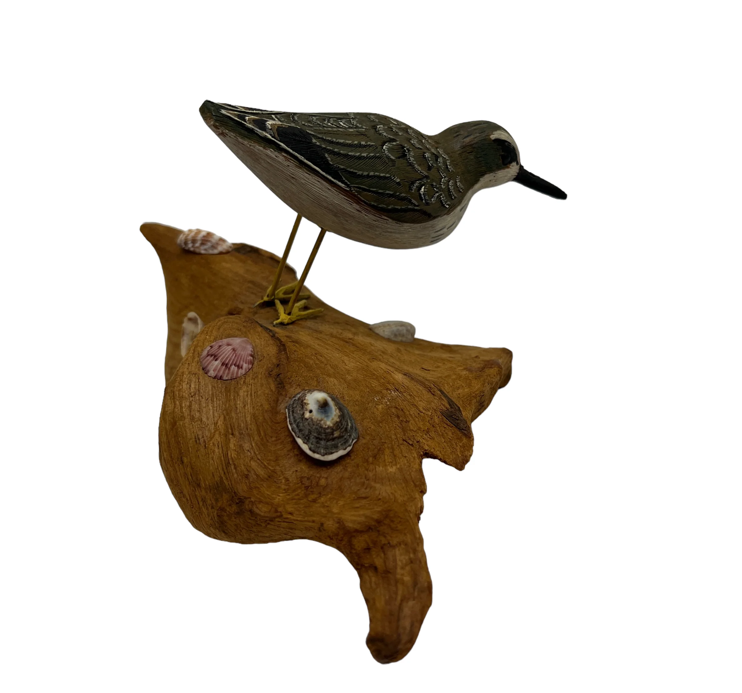 70s Artisan Shore Bird Wood Carved Figure On Driftwood - Image 11