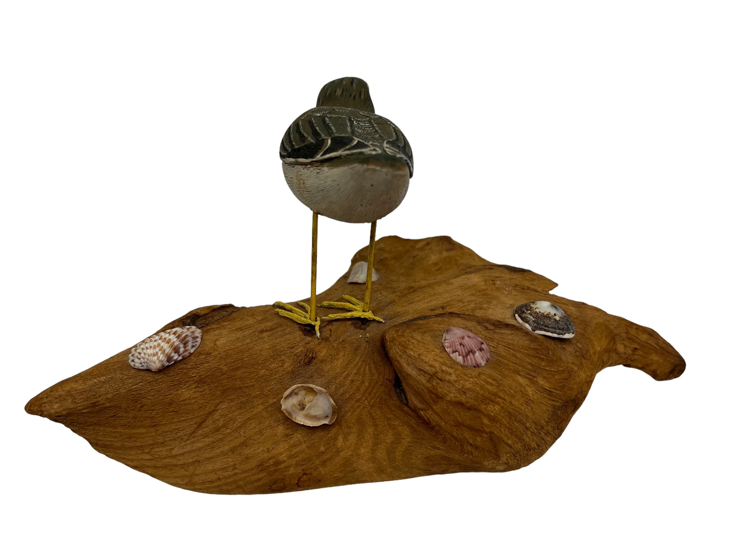 70s Artisan Shore Bird Wood Carved Figure On Driftwood - Image 2