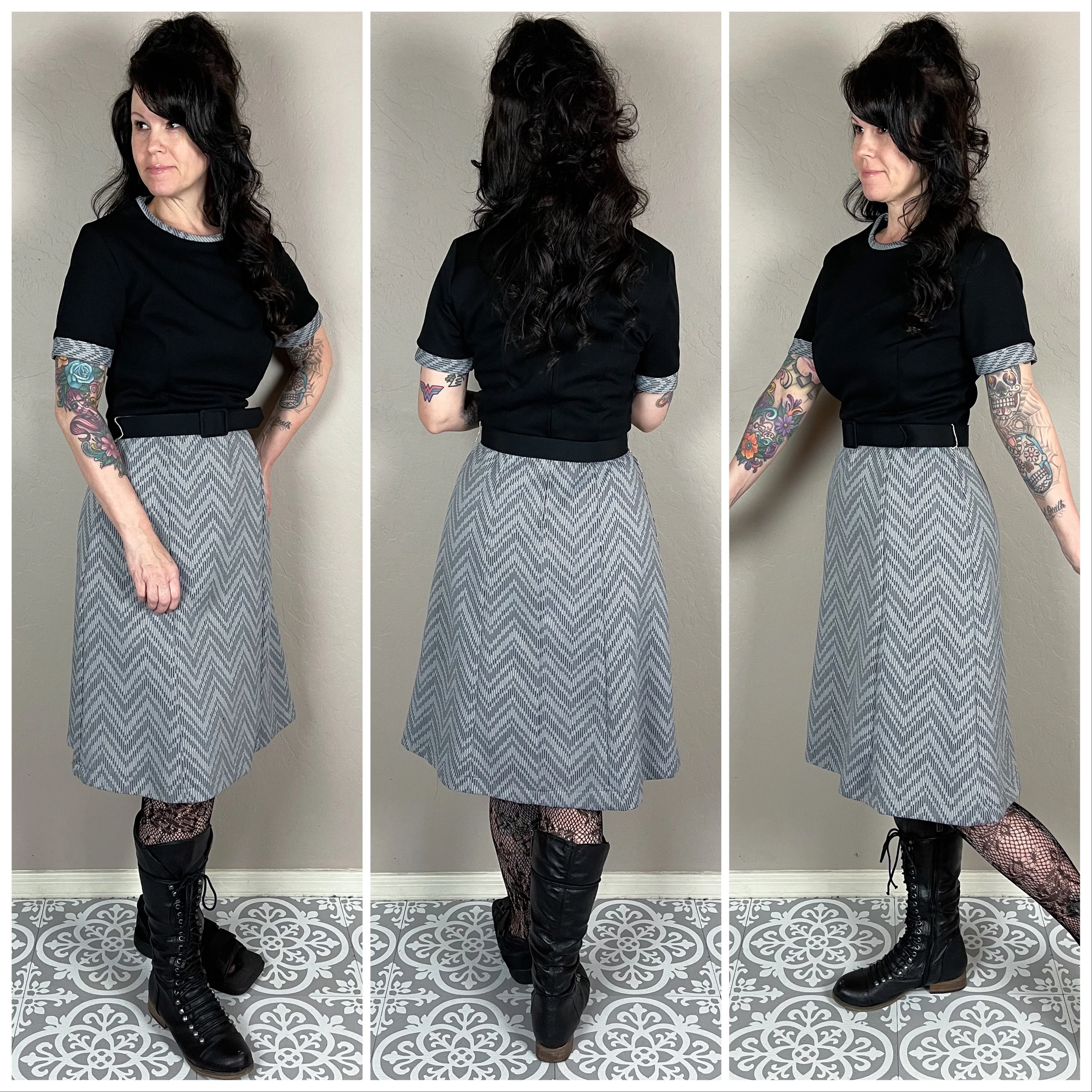 70s Back And Gray Short Sleeve Mini Dress - Image 3