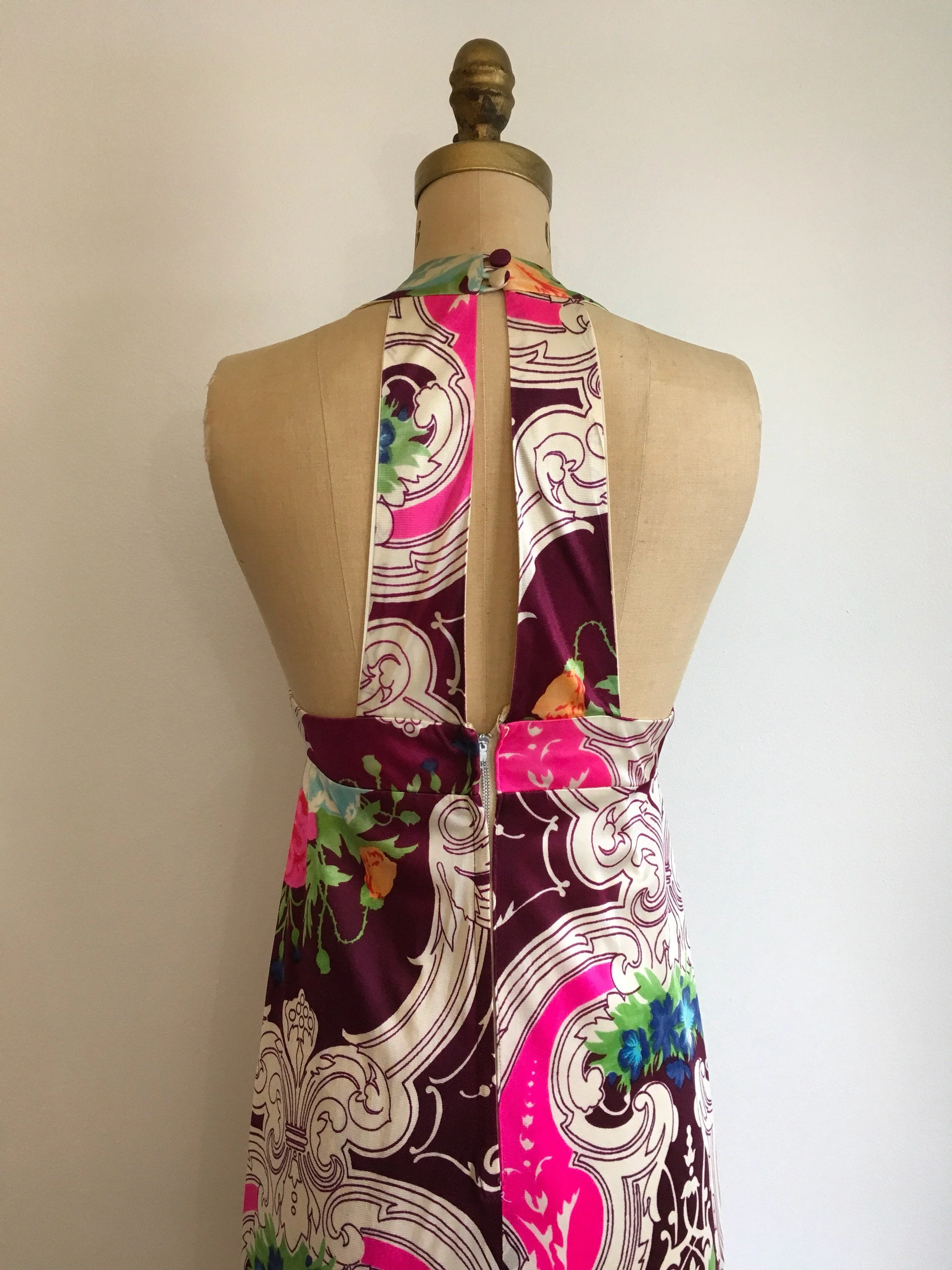 70's Baroque Op Art Floral Print Halter Maxi Dress - Image 5