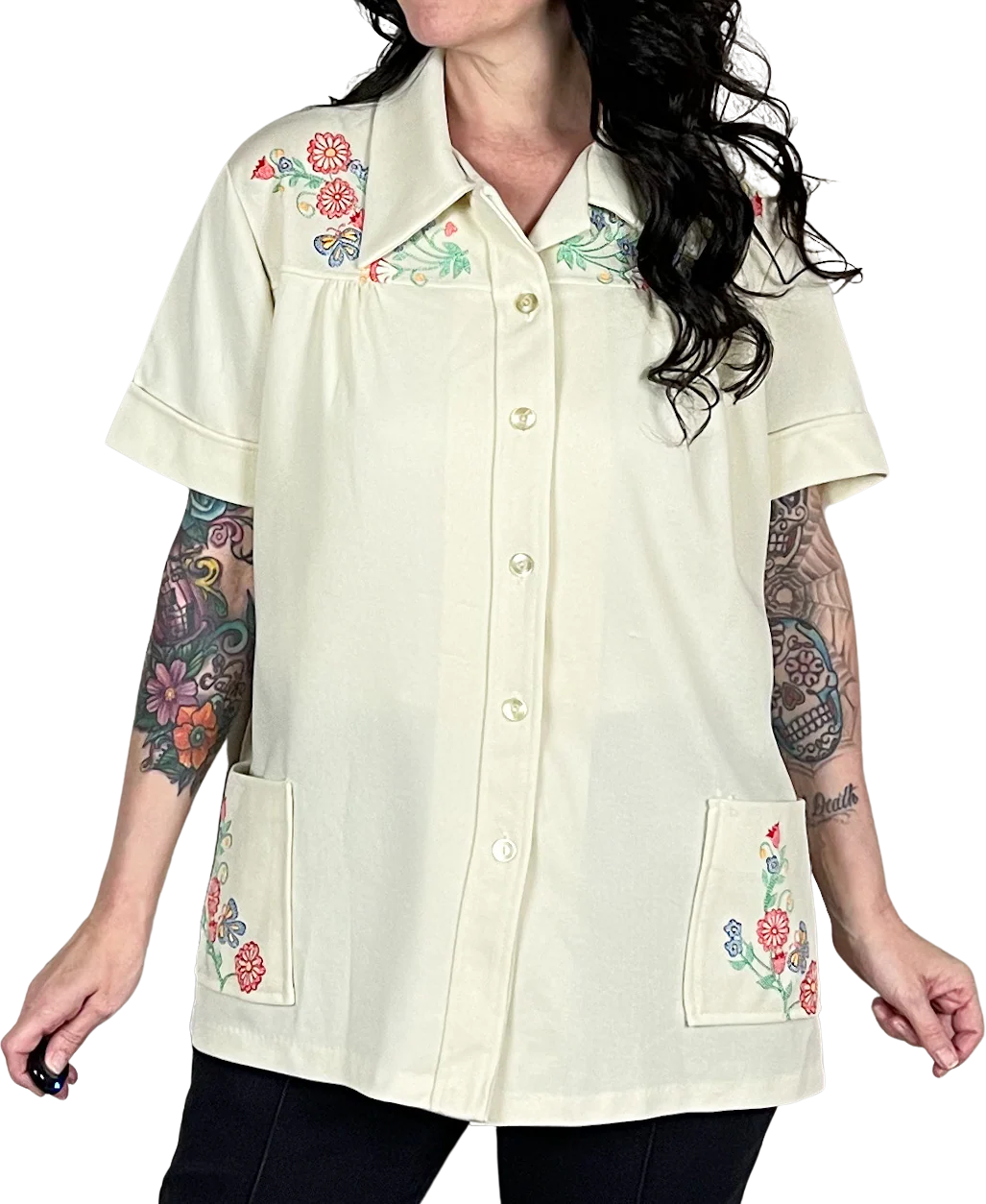70s Beige Floral And Butterfly Smock Top Chore Shirt