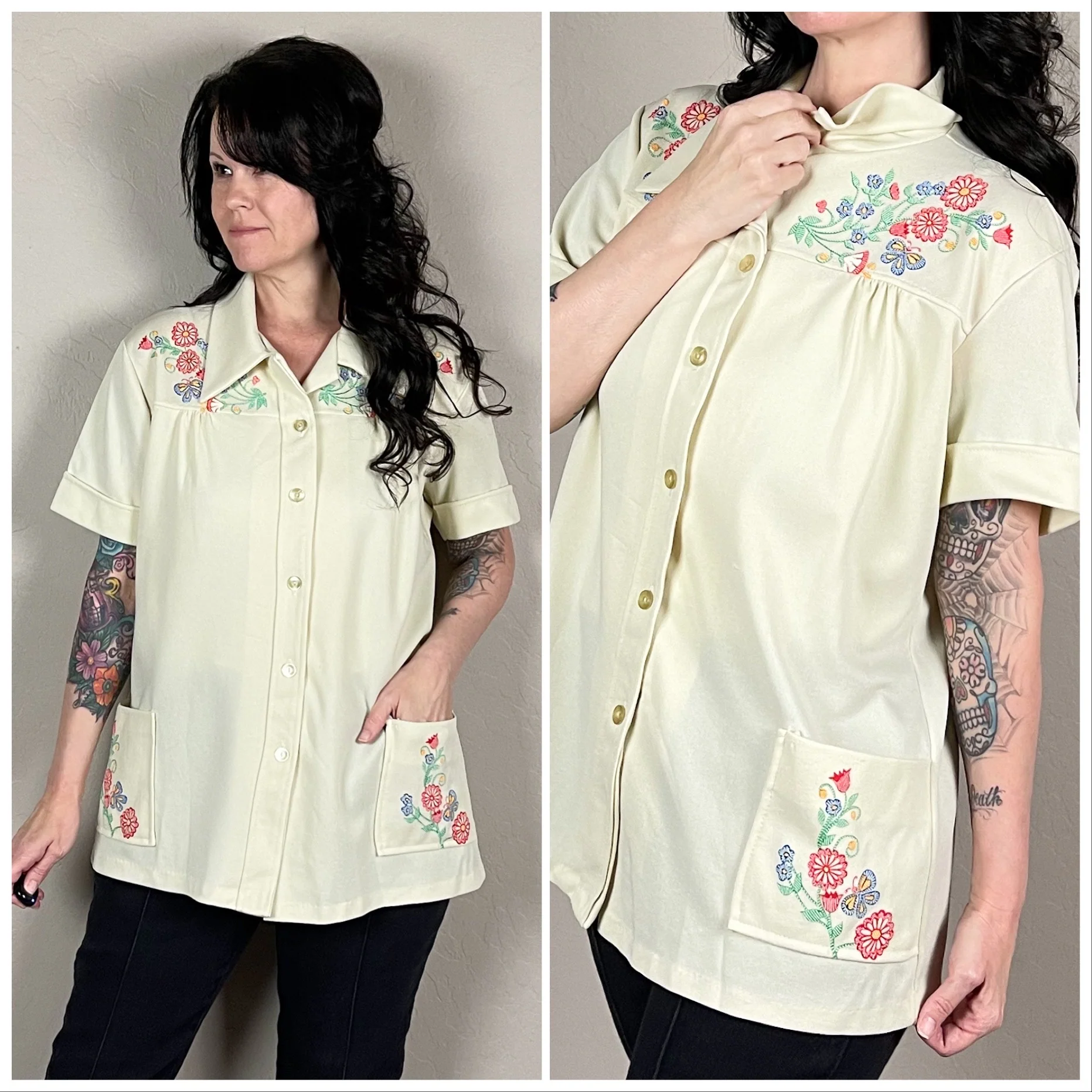 70s Beige Floral And Butterfly Smock Top Chore Shirt - Image 2