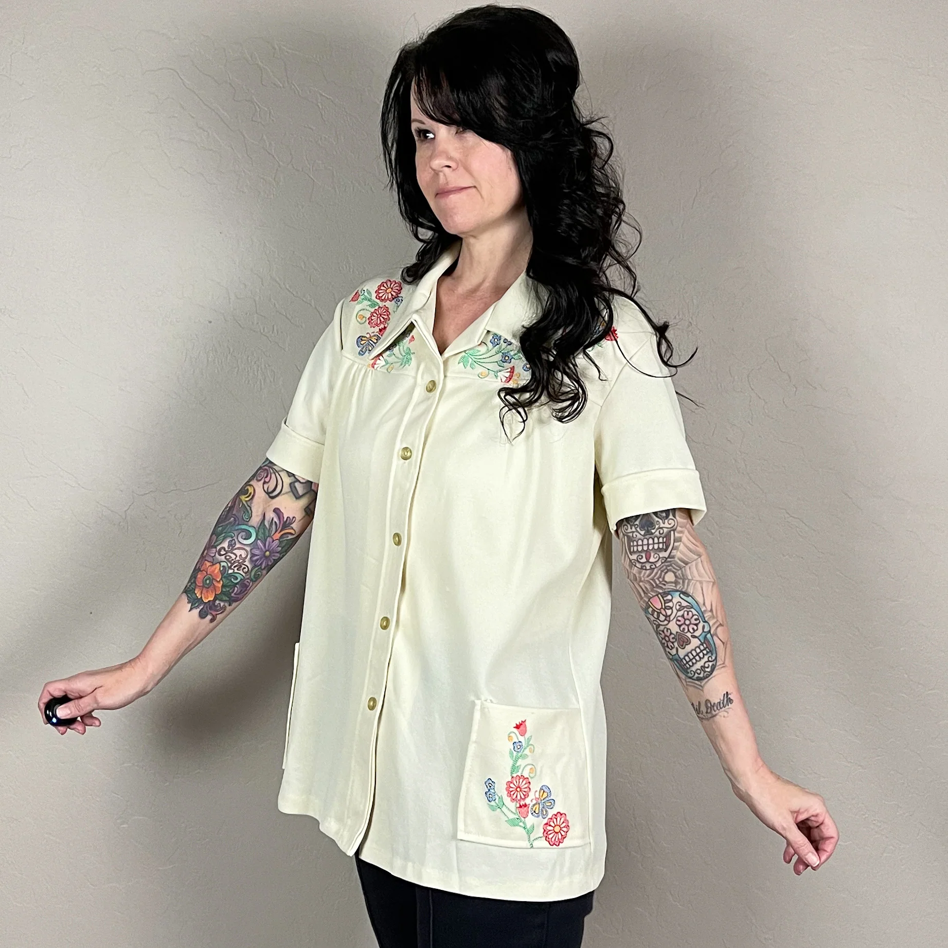 70s Beige Floral And Butterfly Smock Top Chore Shirt - Image 3