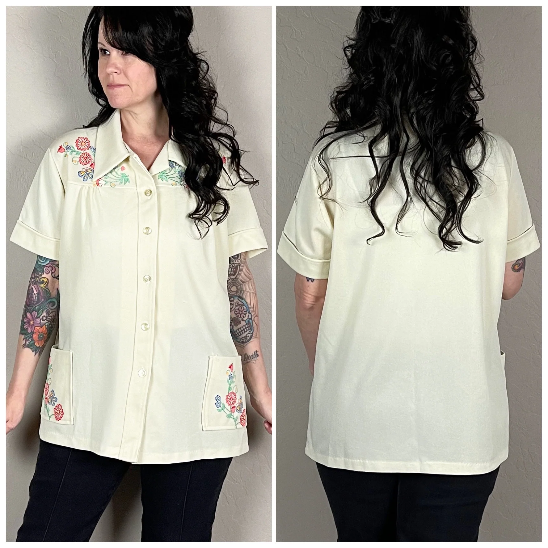 70s Beige Floral And Butterfly Smock Top Chore Shirt - Image 4