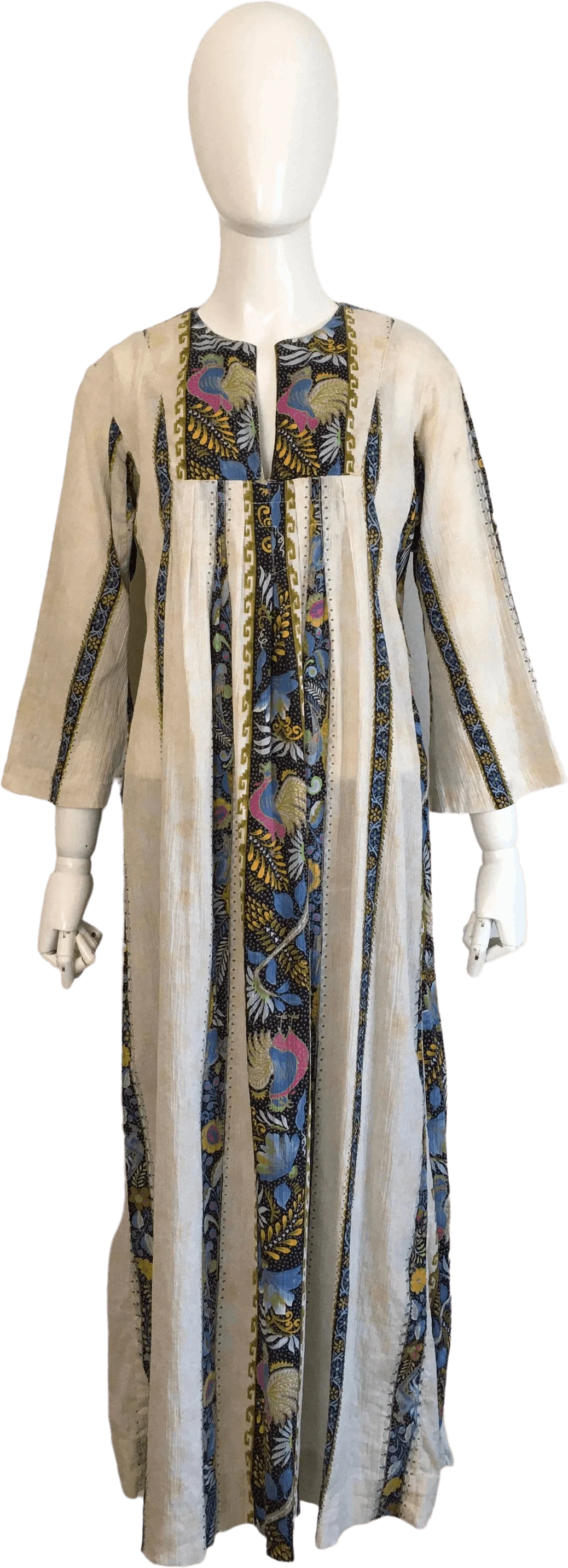 70's Beige with Floral Striped Maxi Kaftan Dress by Liberty Hawaii