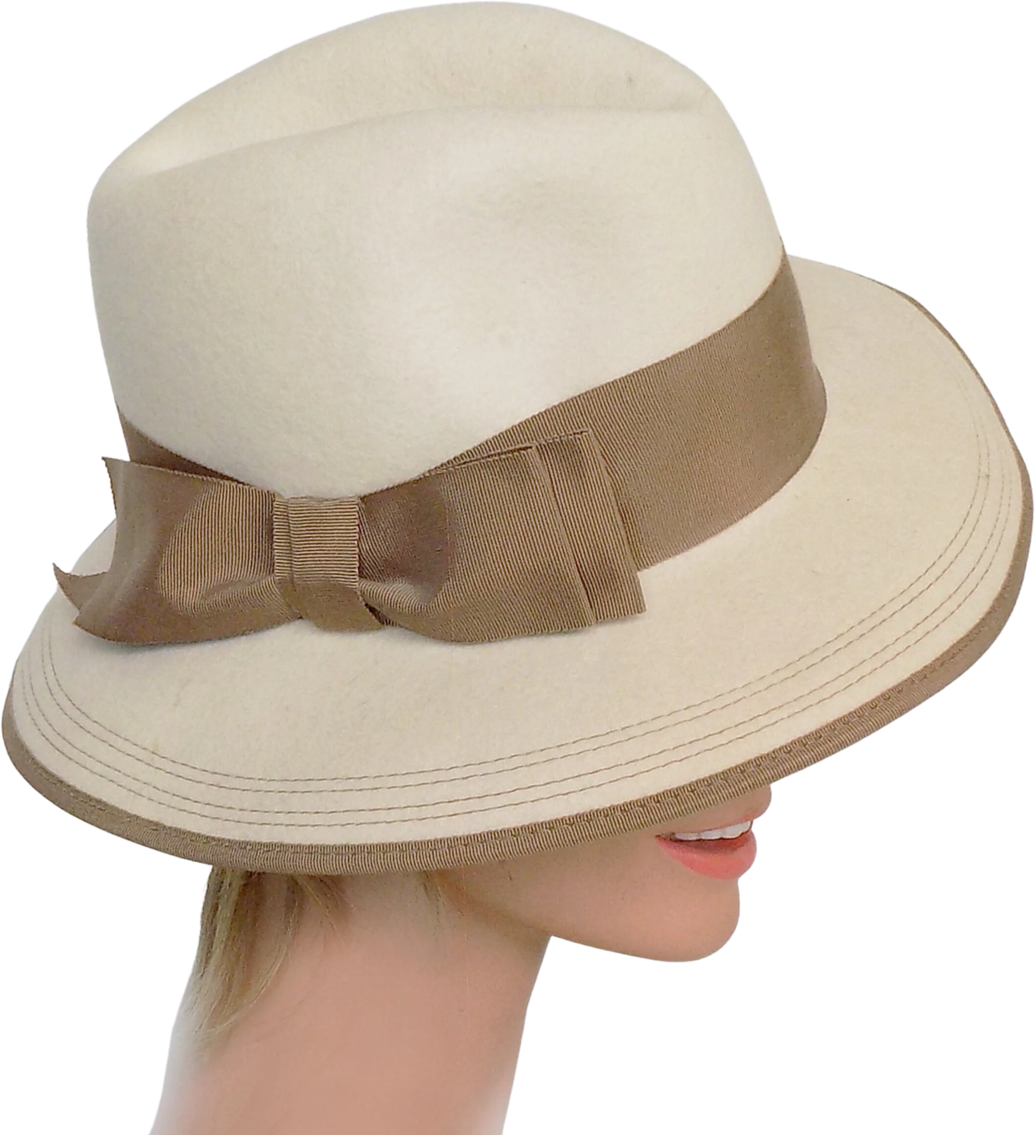 70s Beige Wool Fedora with Brown Headband and Bow Wired Edged Good Condition 70s Does 40s Betmar
