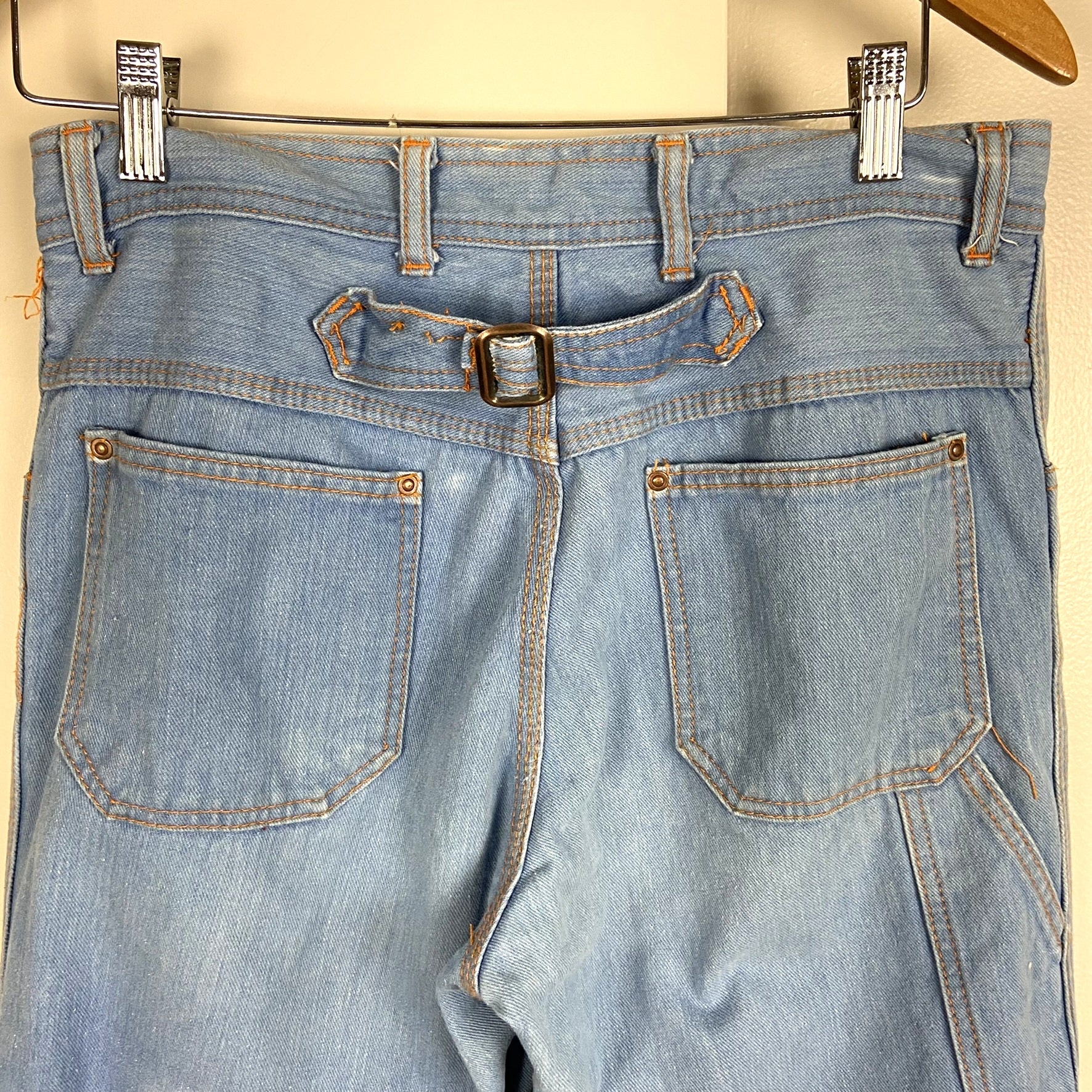 70s Bell Bottom Flared Back Buckle Jeans 31x35 - Image 8