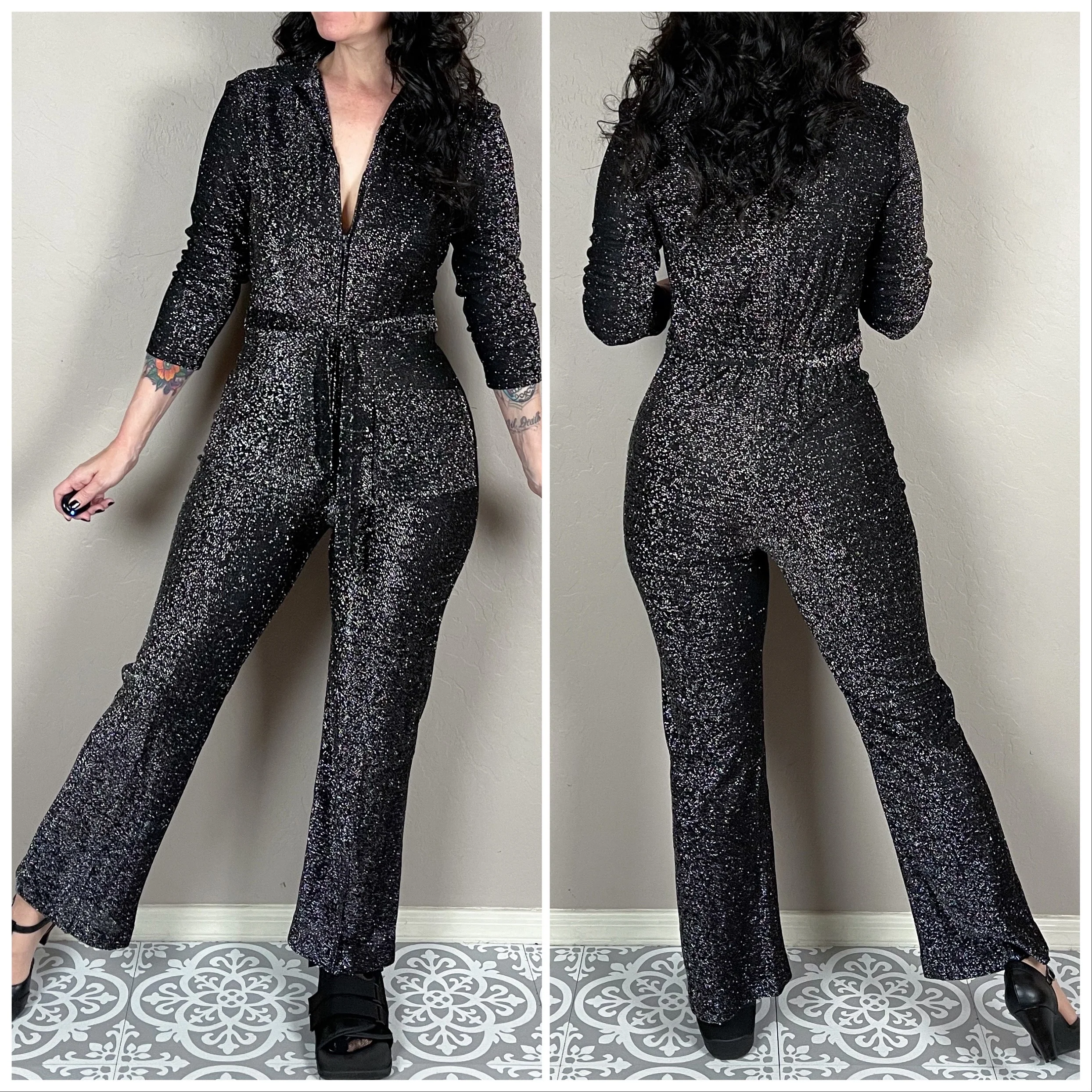 70s Black And Silver Lurex Plunge Neck Disco Jumpsuit - Image 4