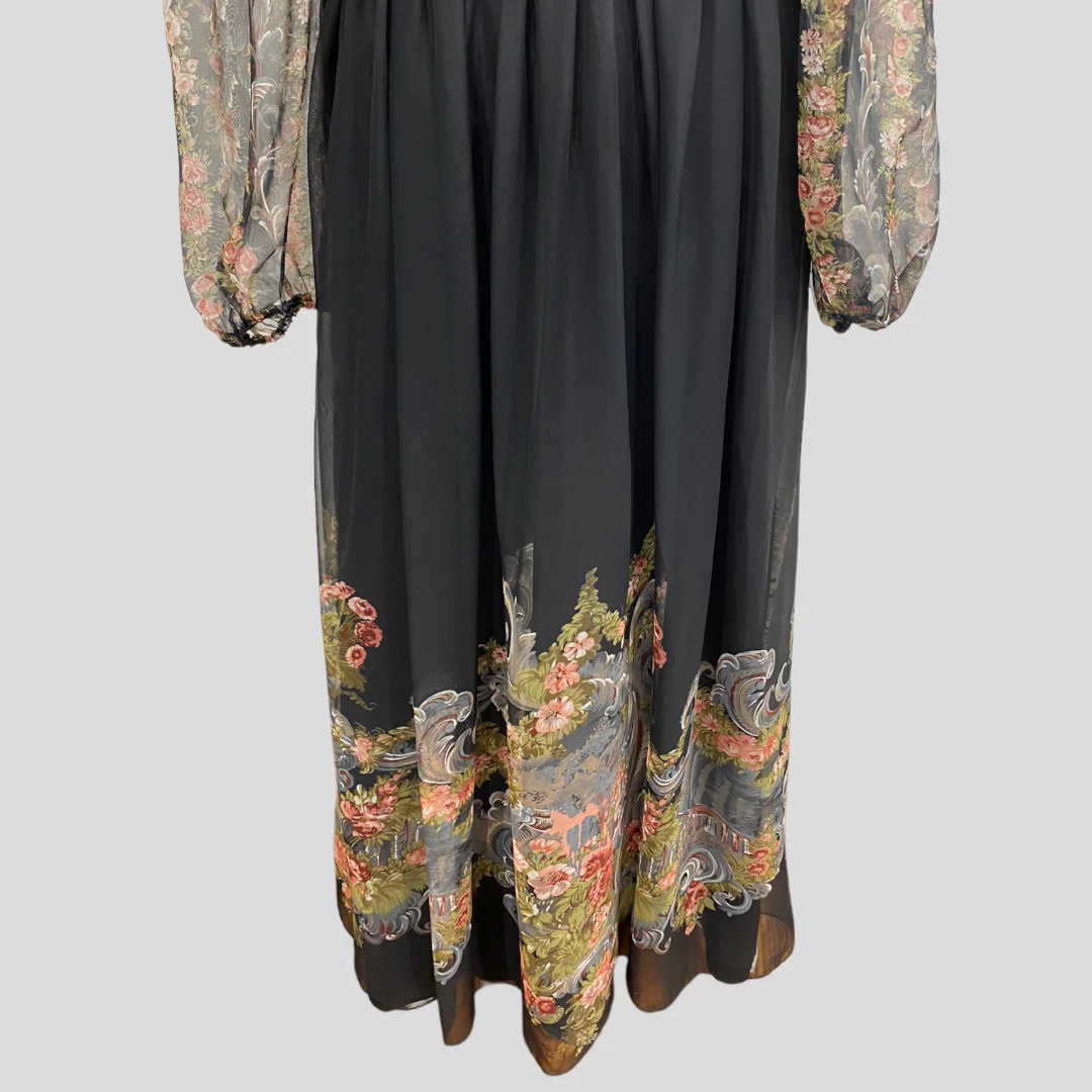 70s Black Baroque Printed Sheer Sleeve Maxi Dress - Image 5