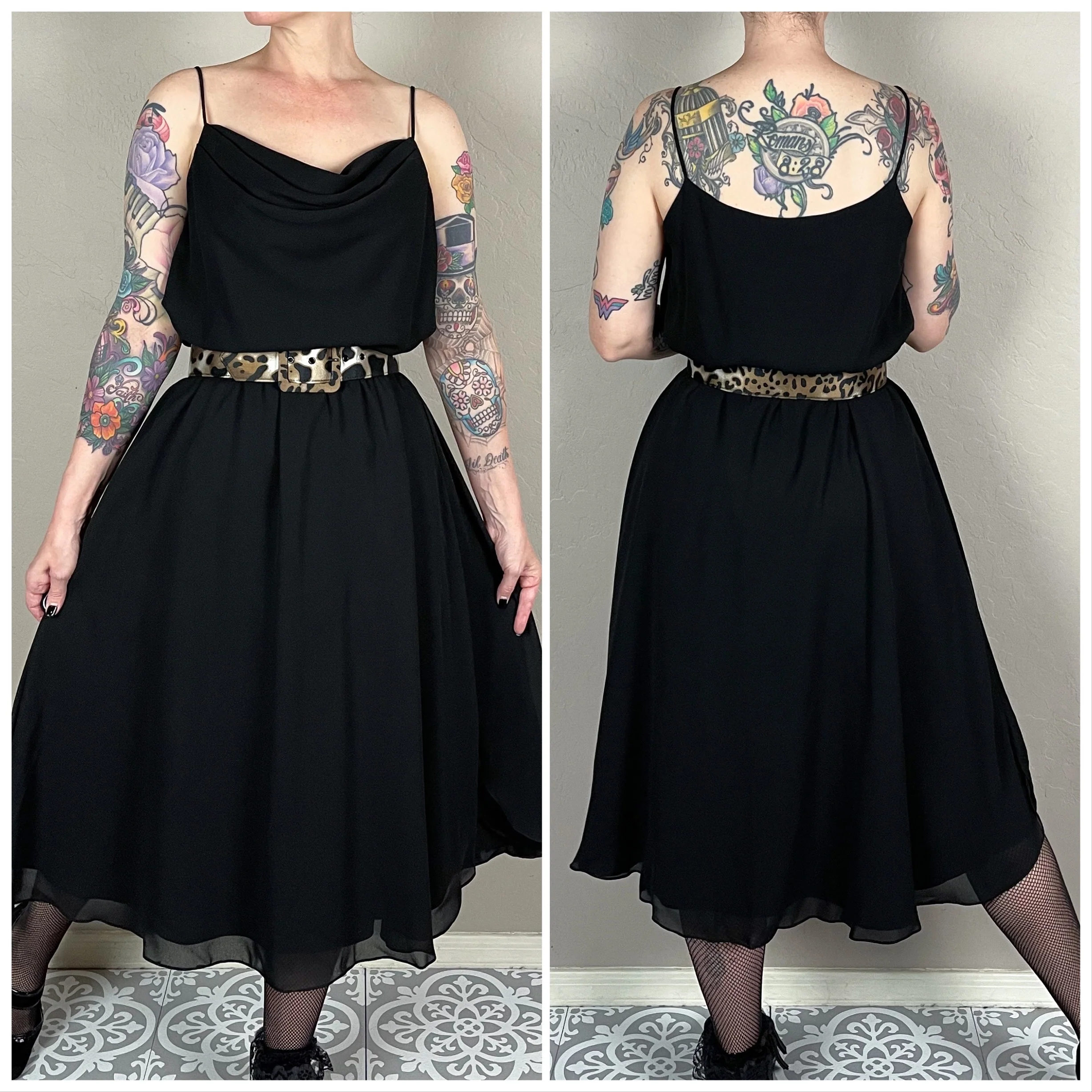 70s Black Chiffon Cowl Neck Spaghetti Strap Midi Dress By Ferrali by Phillipe - Image 4
