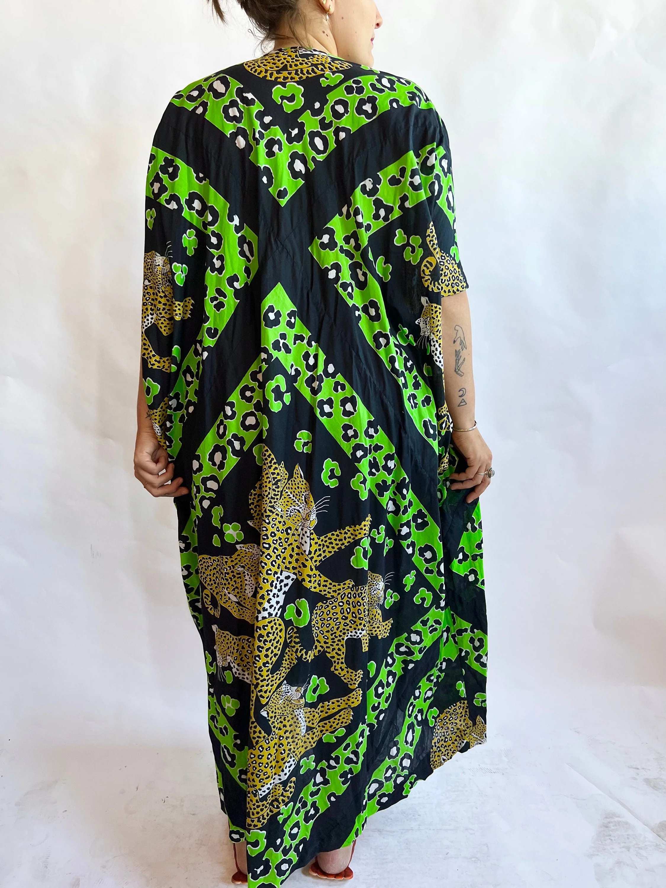 70s Black Cotton Cheetah Green Spot Psychedelic Kaftan Maxi Dress - Image 2